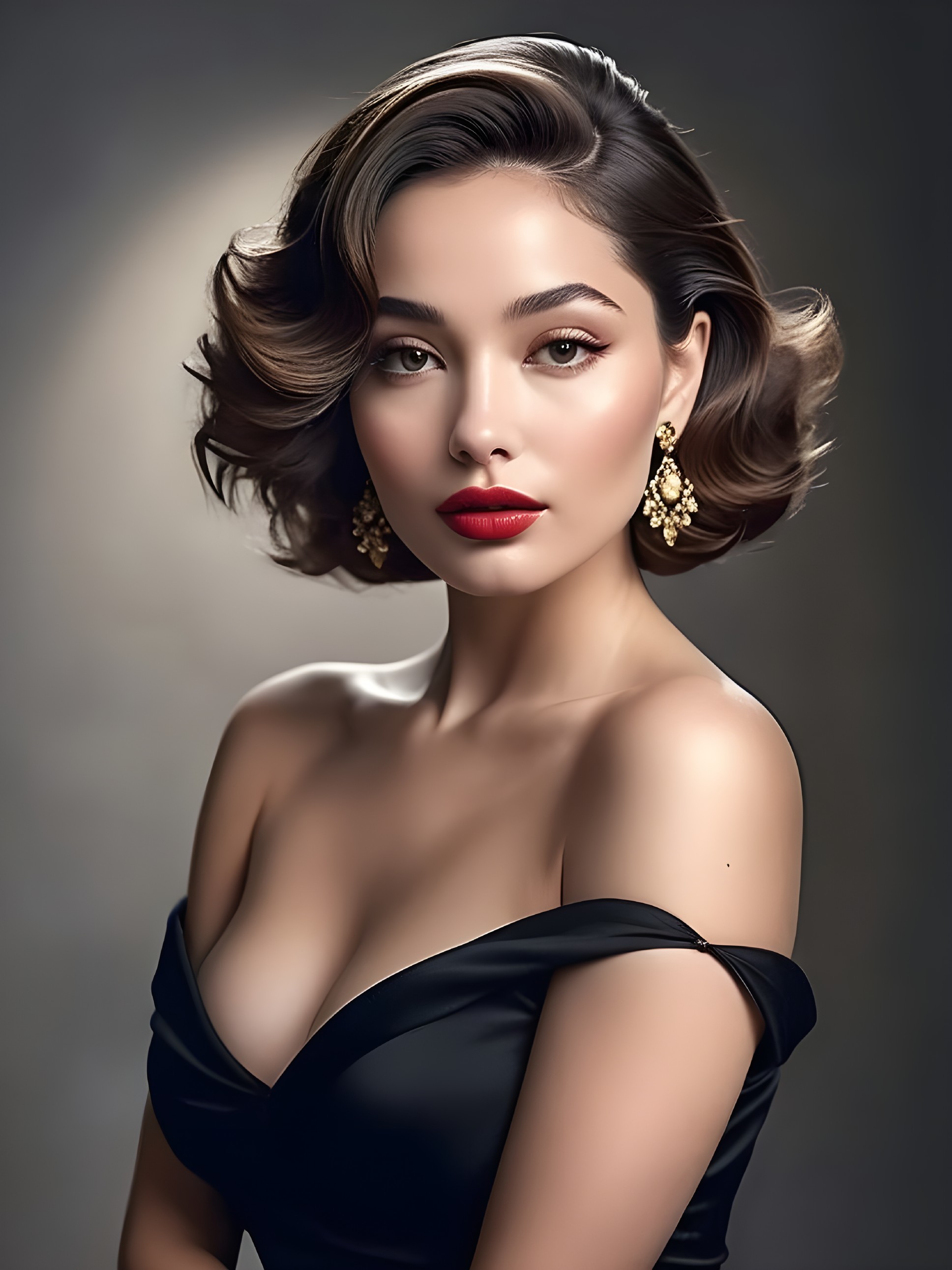 Glamorous Woman in Black Off-Shoulder Dress and Vintage Waves