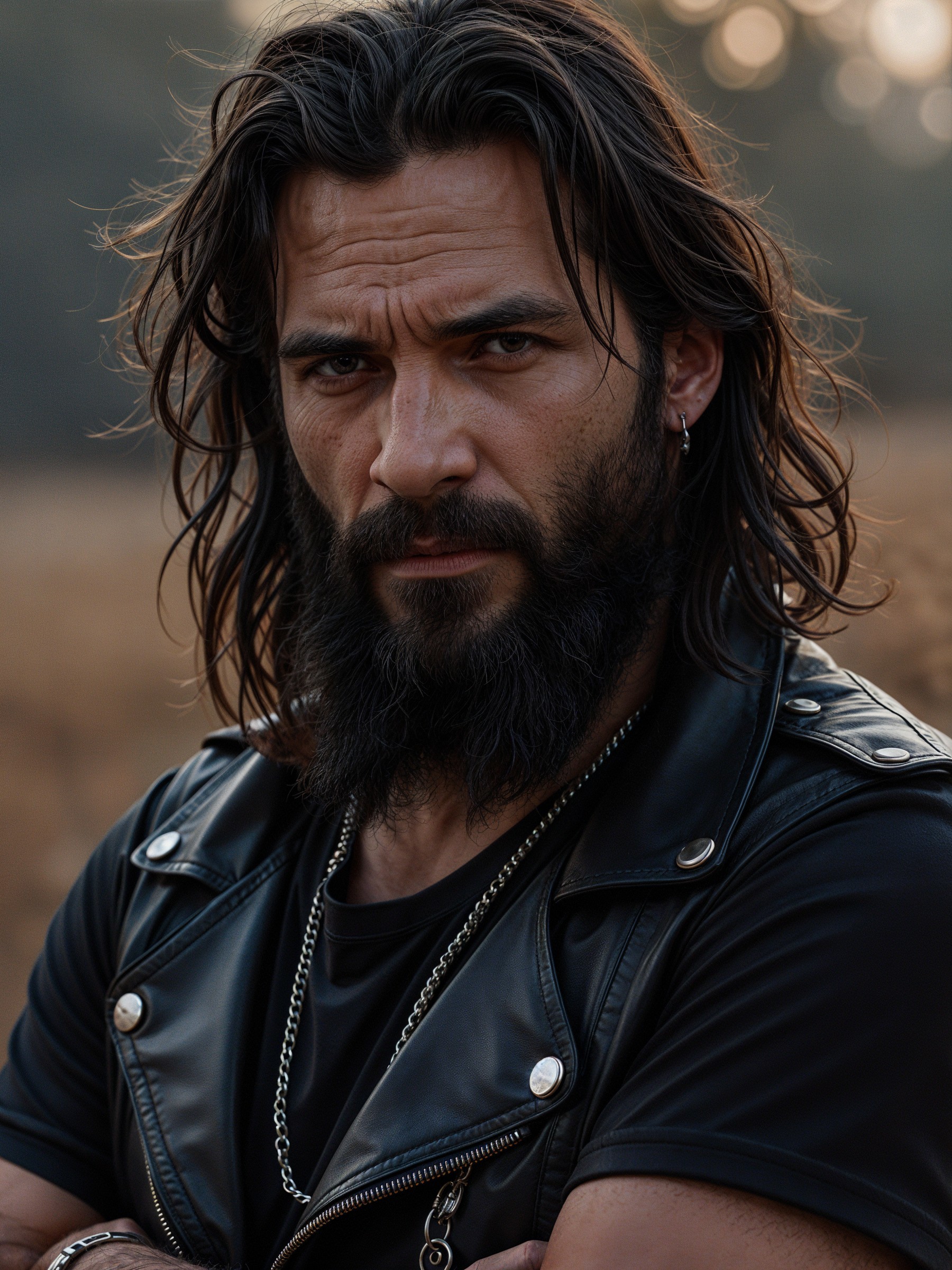 Rugged Man in Black Leather Vest in Natural Setting