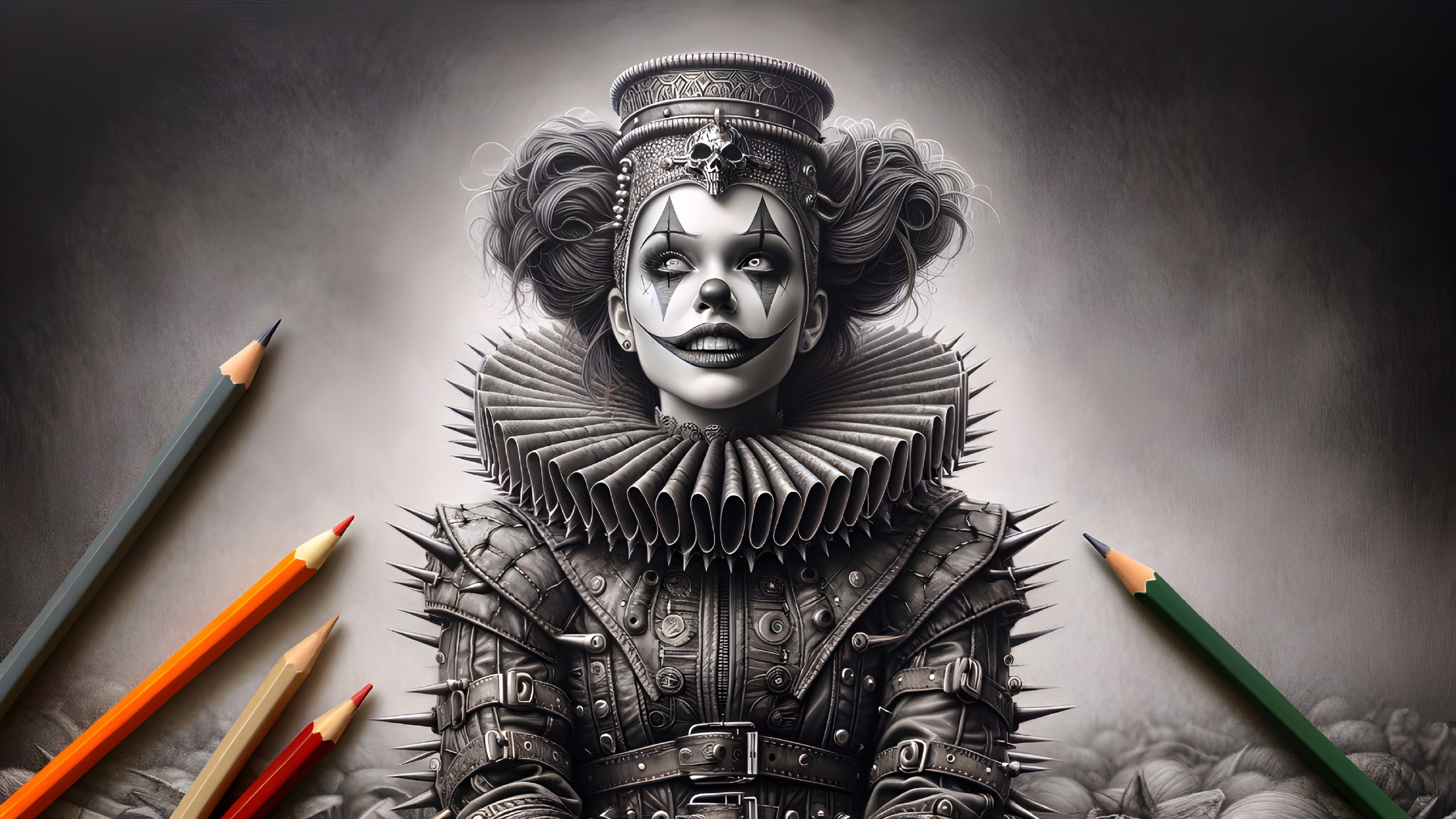 Clown Figure with Sculptural Costume and Colorful Pencils