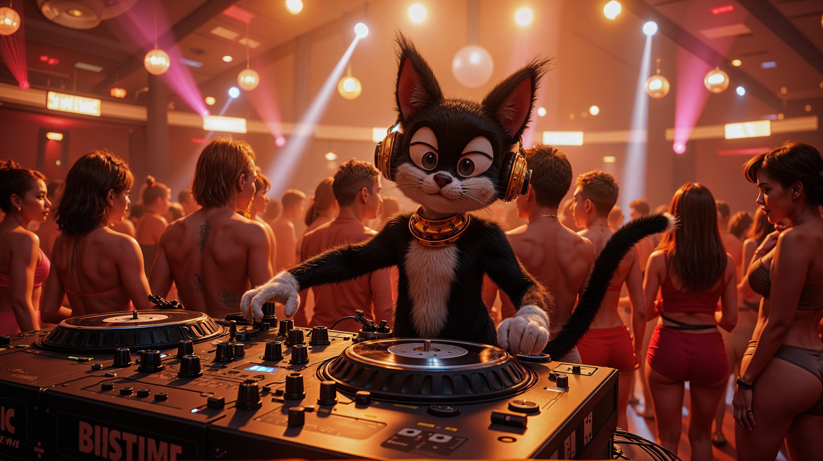 Cartoon Cat DJ Mixing Tracks at a Vibrant Party Scene