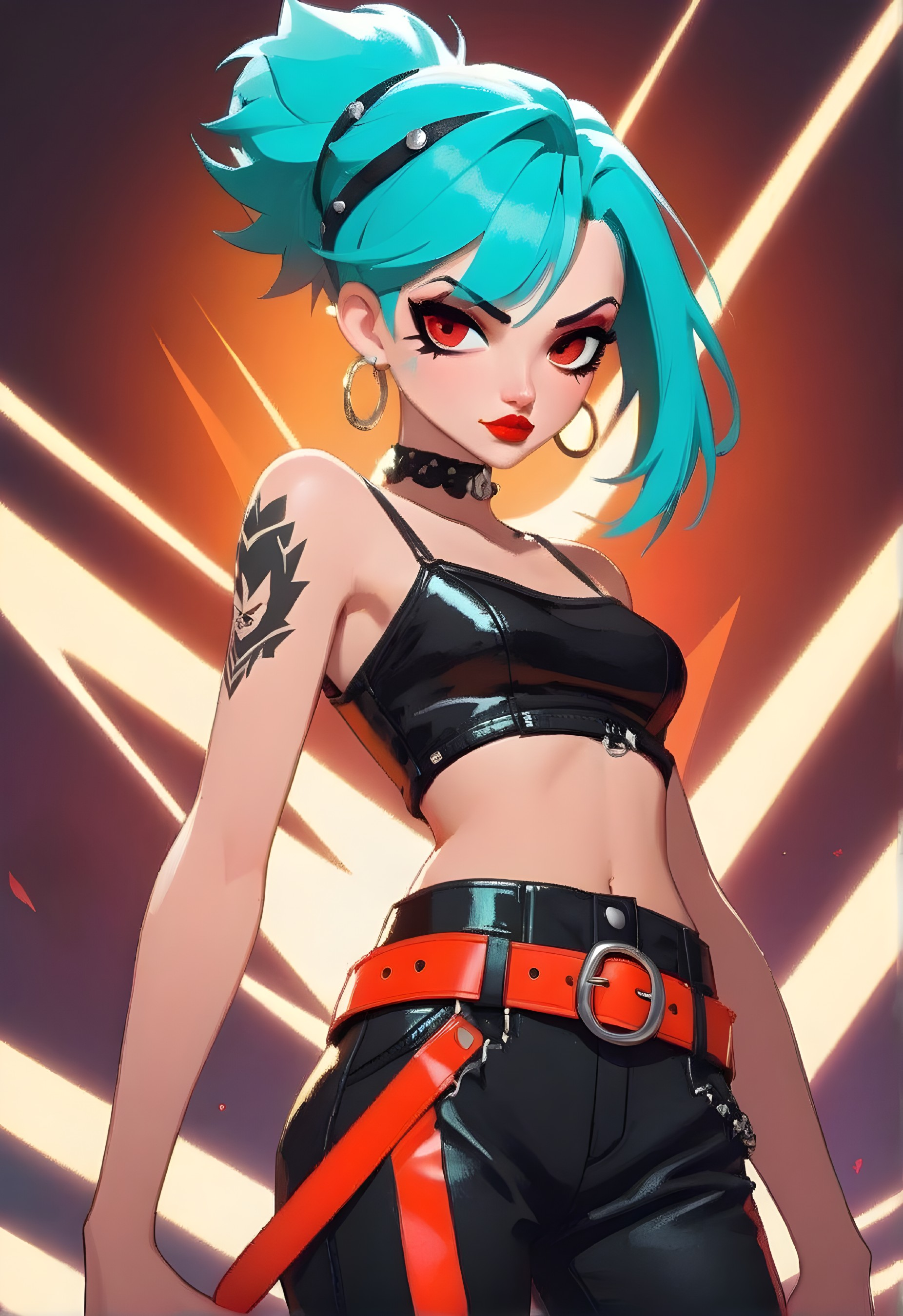 Confident Female Character with Turquoise Hair and Edgy Style