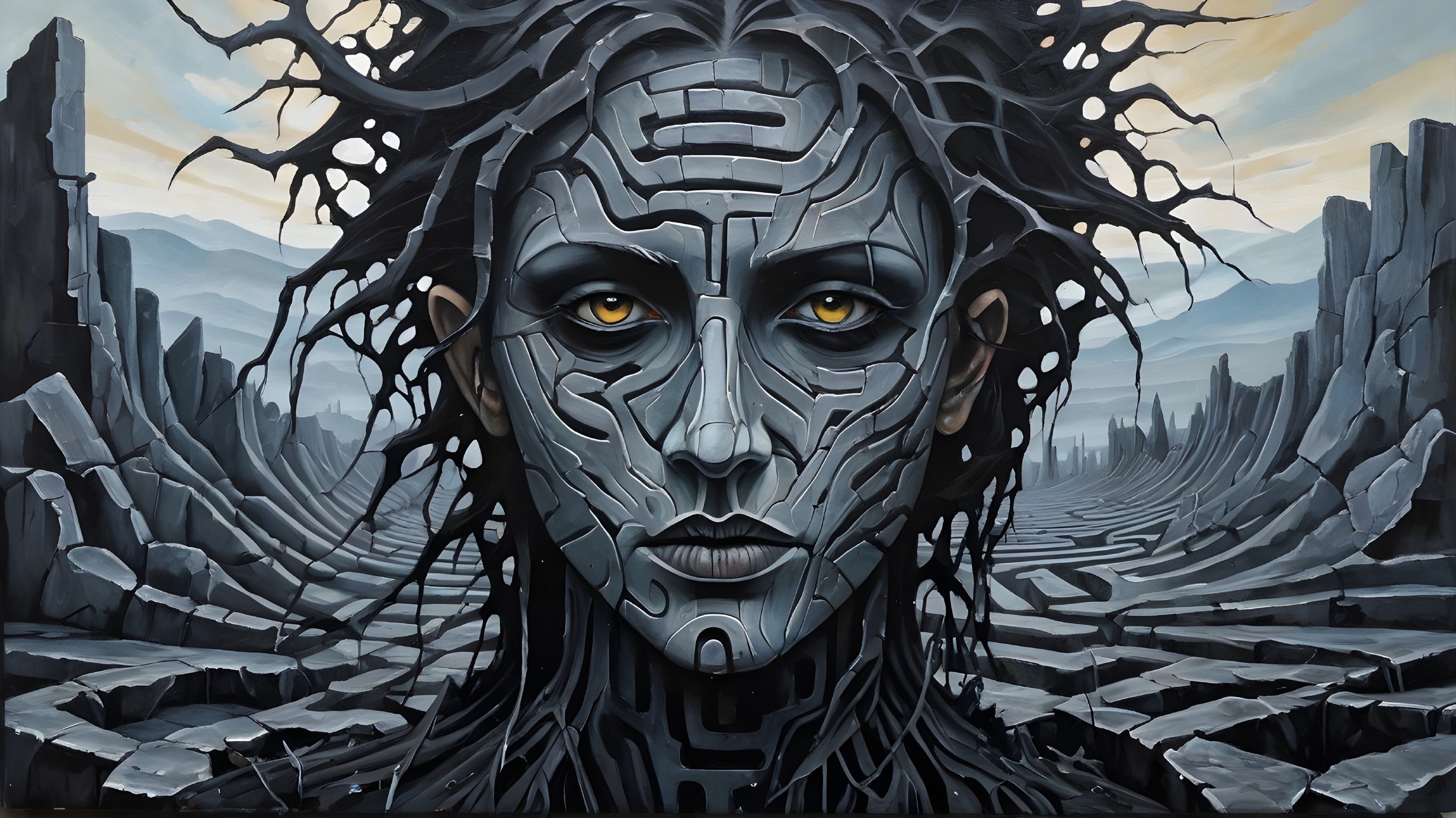 Humanoid Figure with Metallic Features in Eerie Landscape