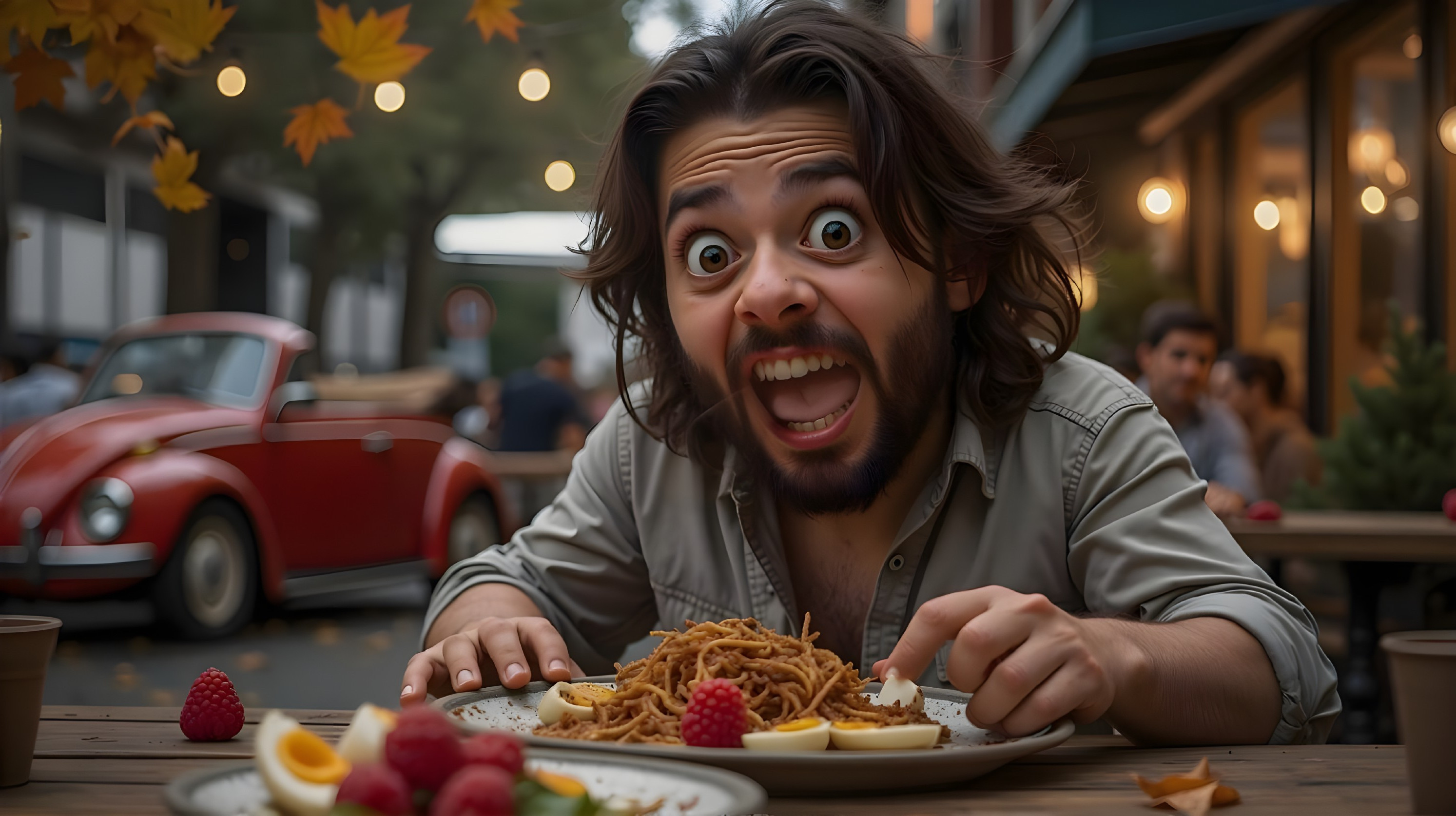 Young man enjoys spaghetti at rustic outdoor table