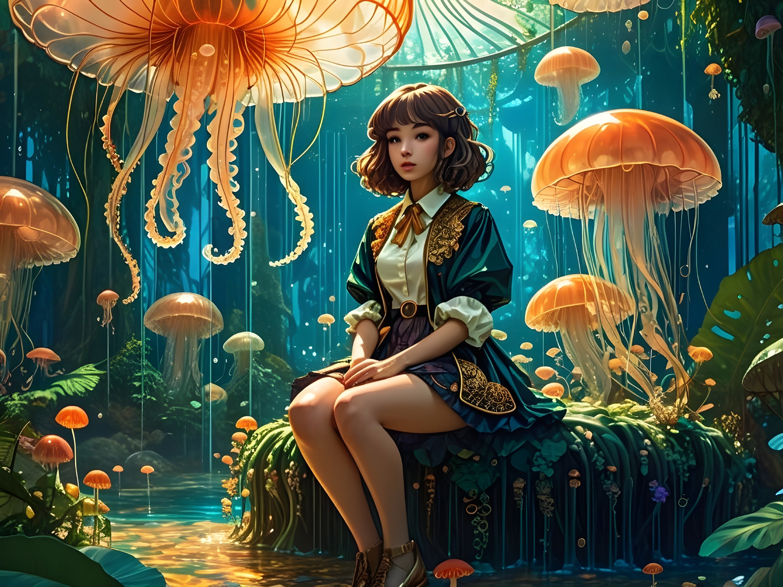 Young girl in mystical forest with glowing jellyfish