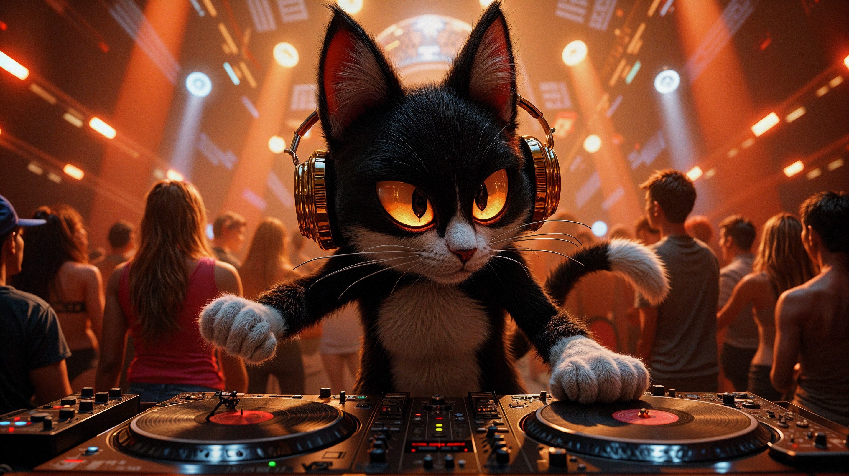 Cat DJ Mixing Tracks at a Vibrant Nightclub Scene