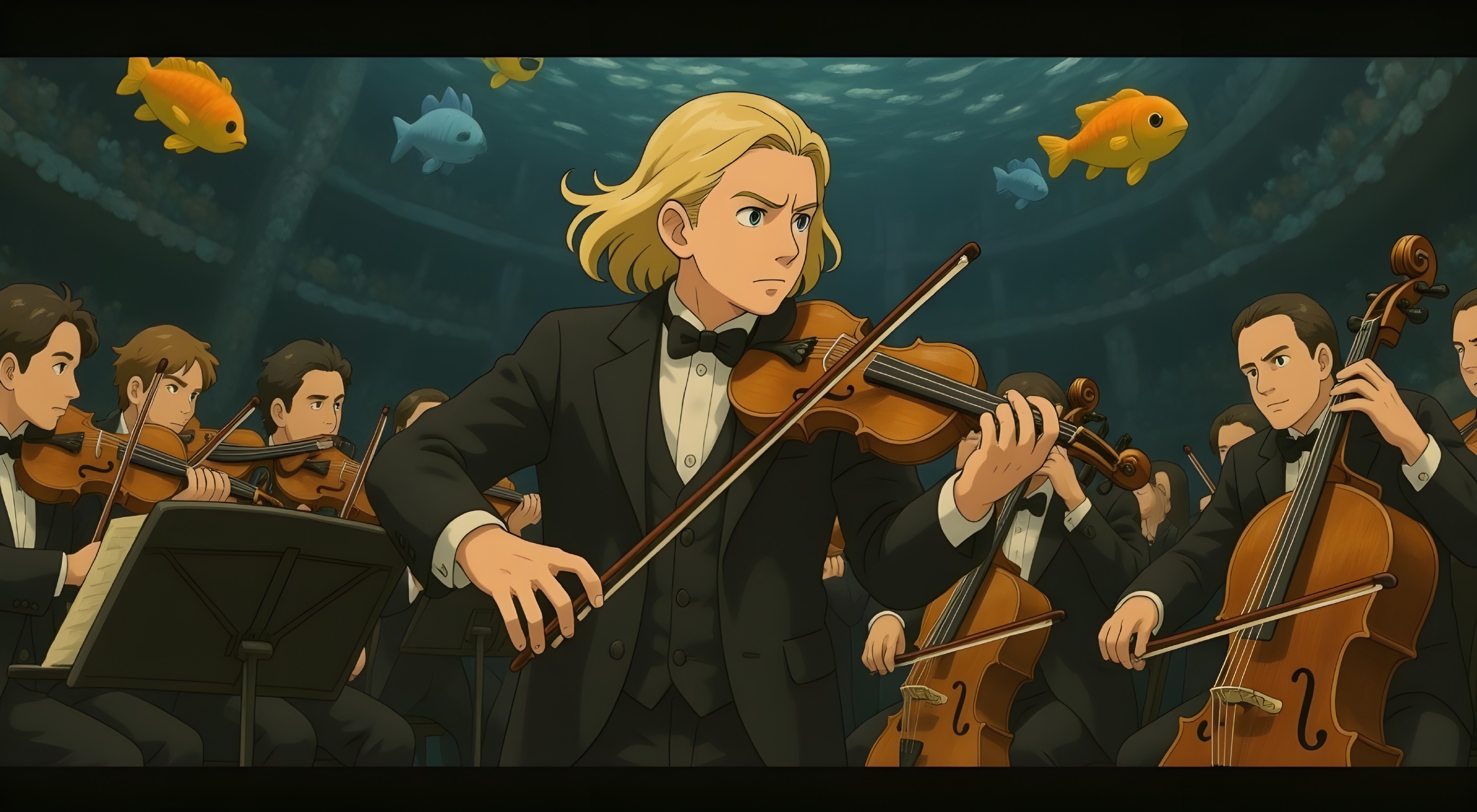 Underwater Concert Hall with Violinist and Orchestra