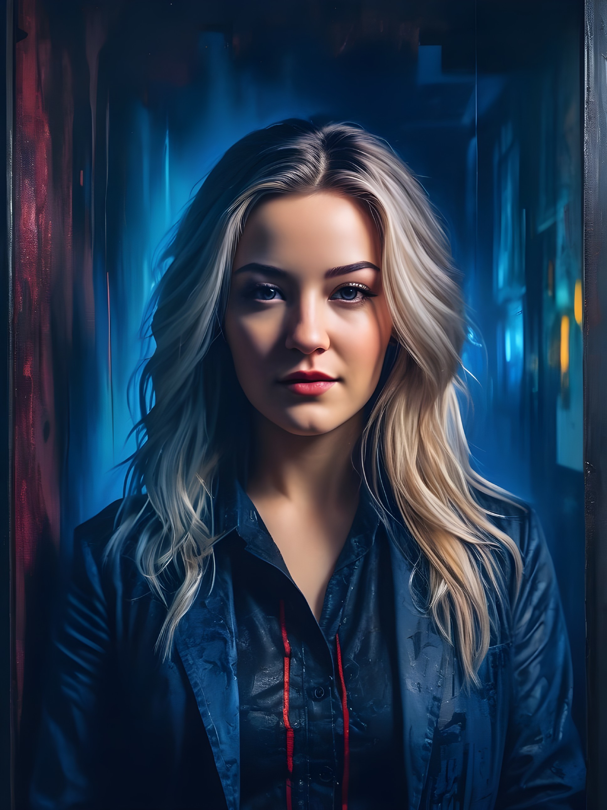 Portrait of a woman with blonde hair in moody lighting