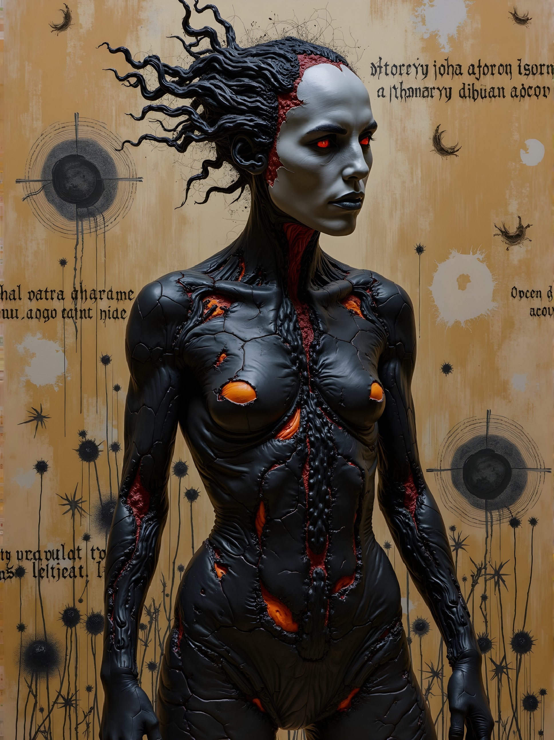 Humanoid figure with glossy black skin and orange accents