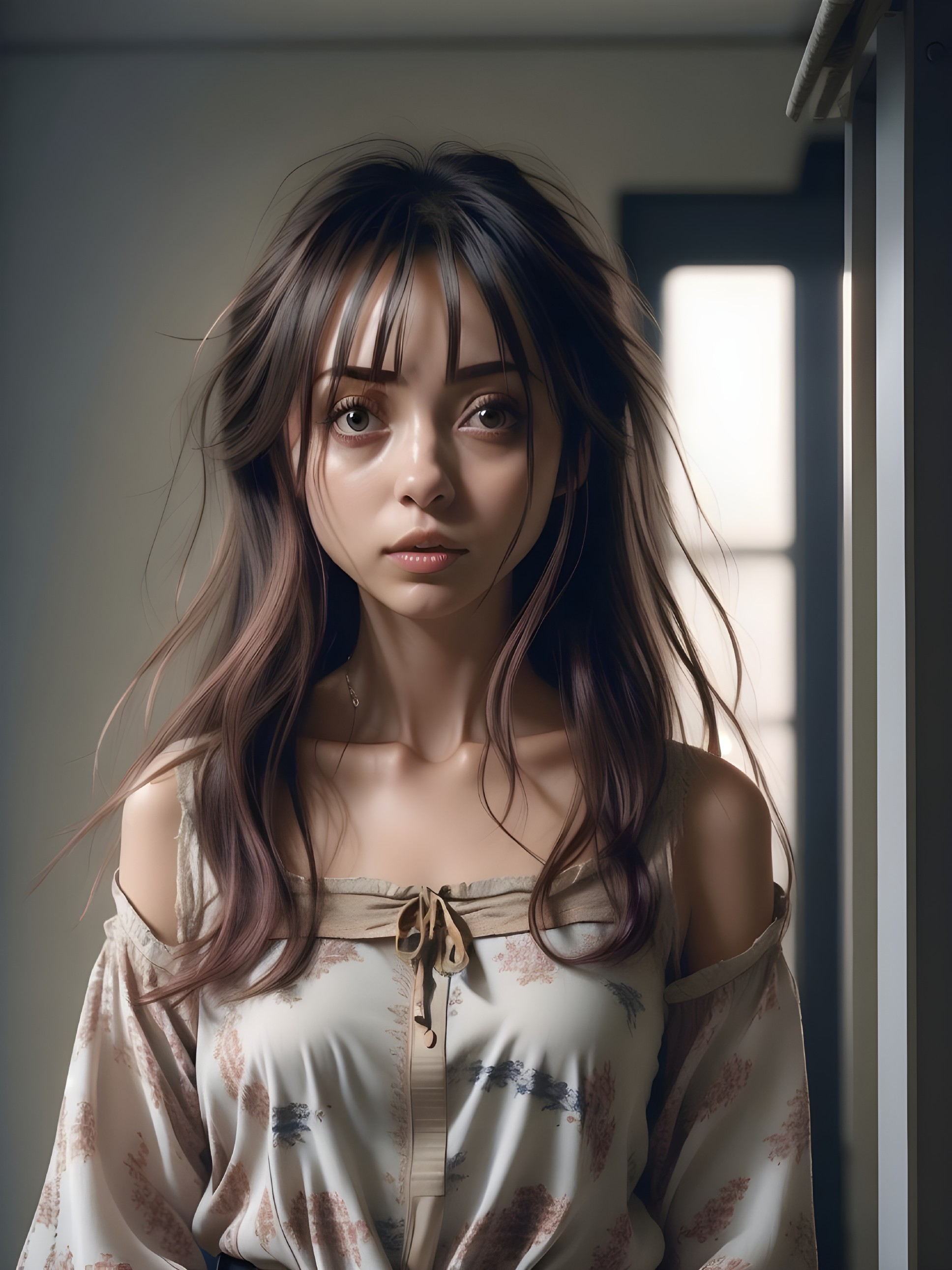 Young woman in softly lit room with floral blouse