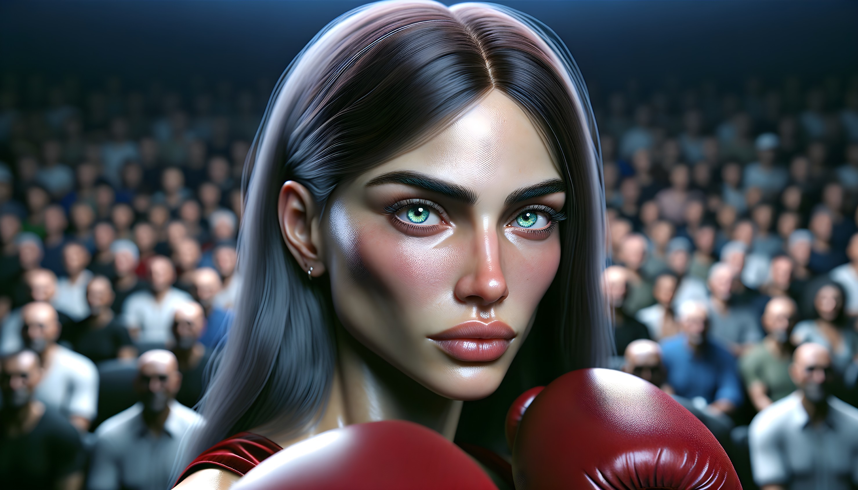 Intense Female Boxer with Green Eyes and Red Gloves