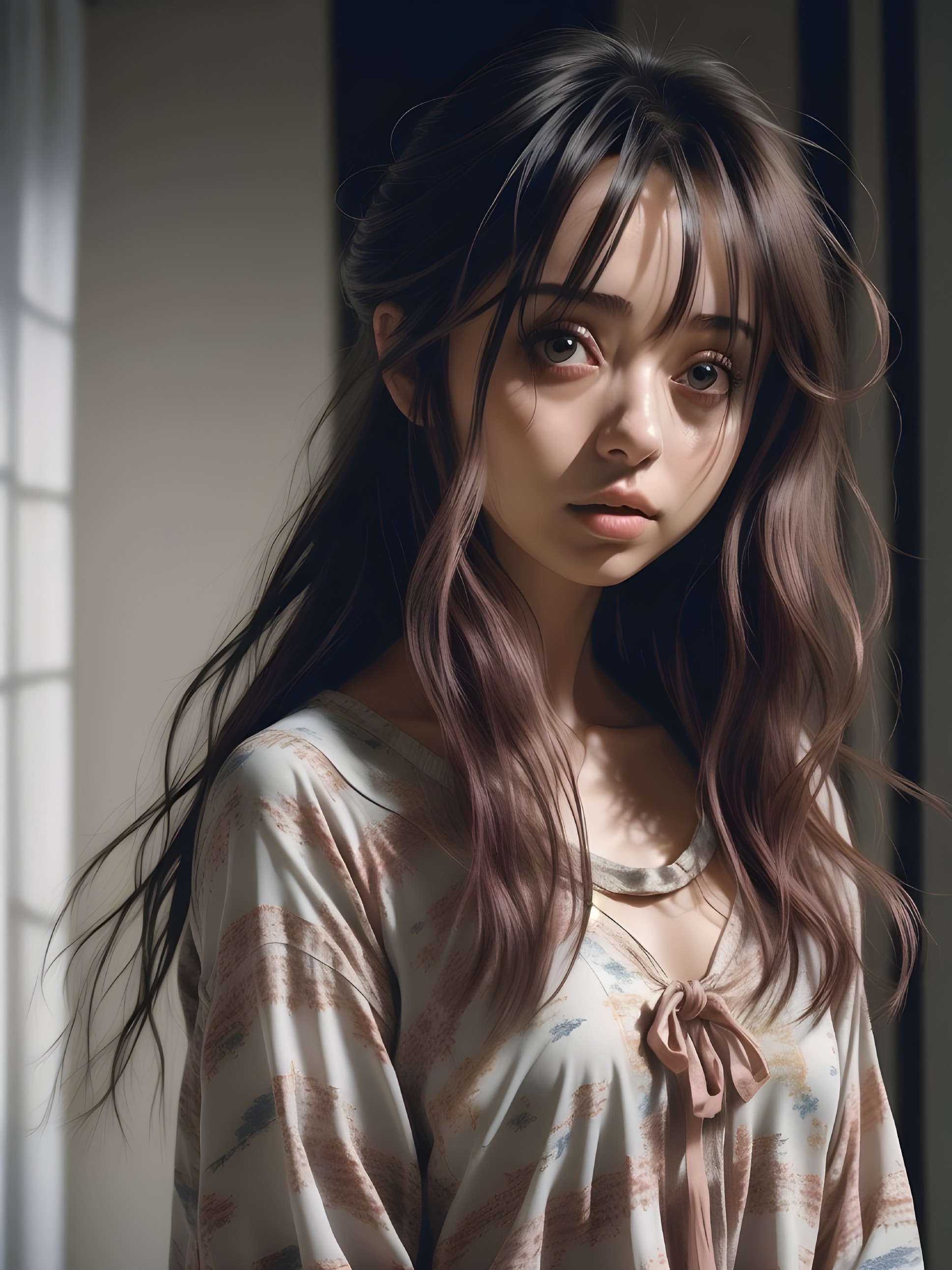 Young woman with brown hair in serene lighting
