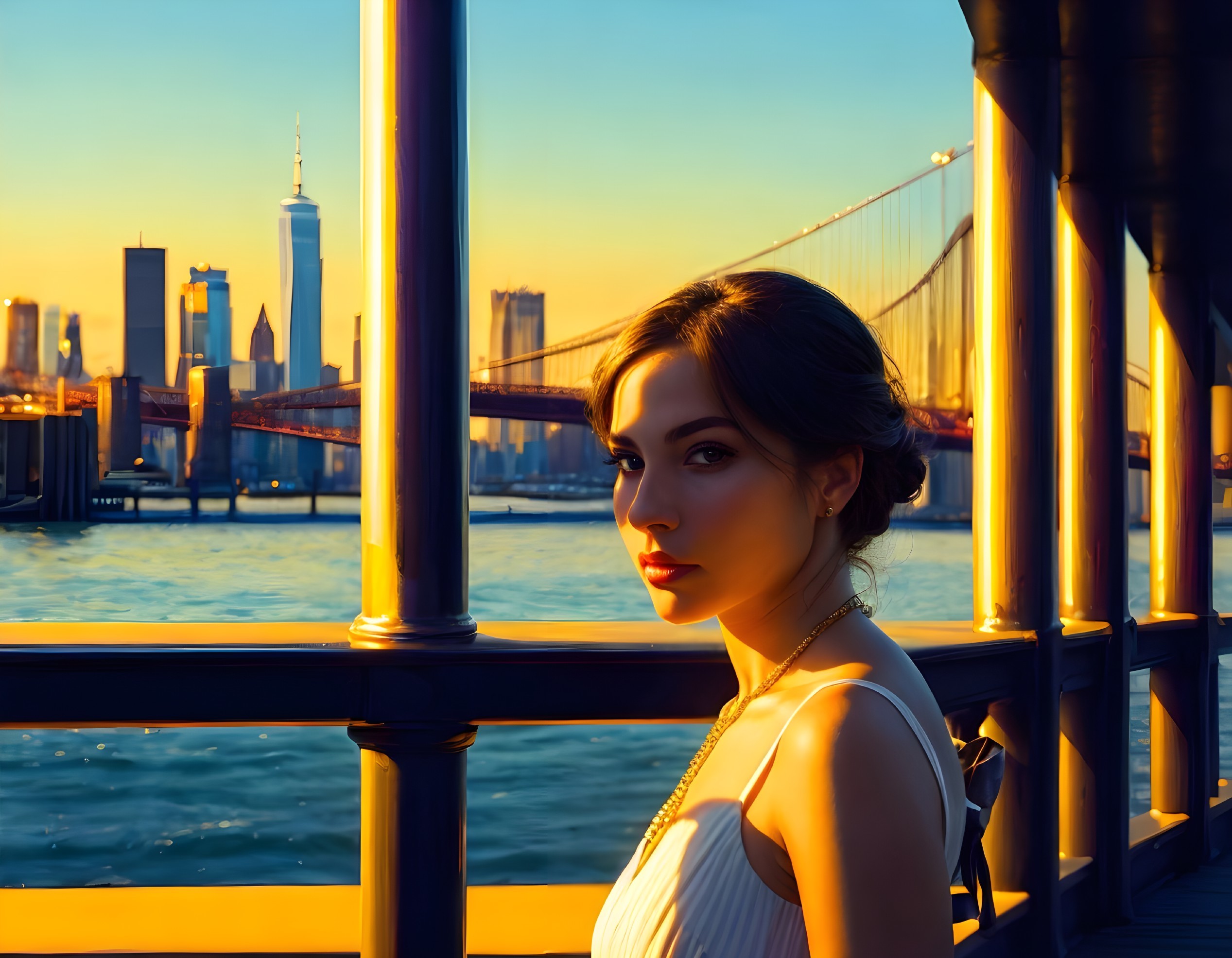 Young Woman Overlooking Water with City Skyline at Sunset