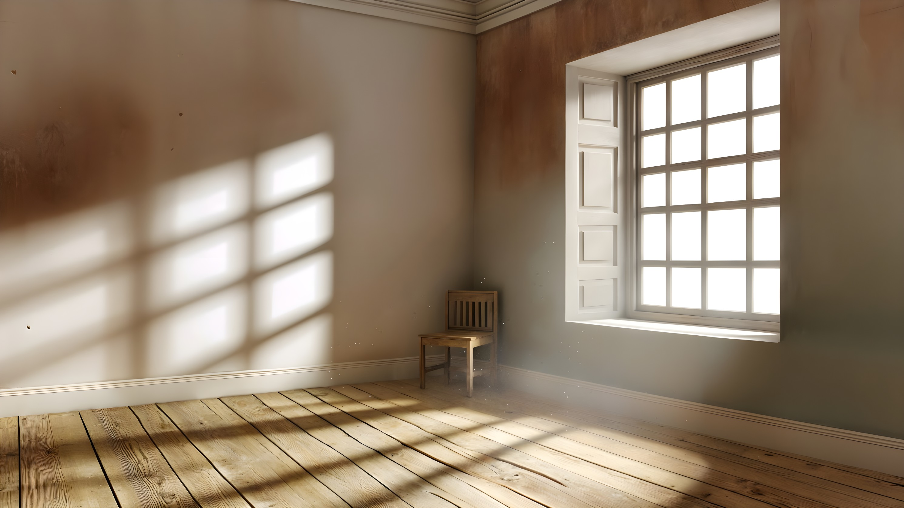 Sunlit Empty Room with Wooden Floor and Chair