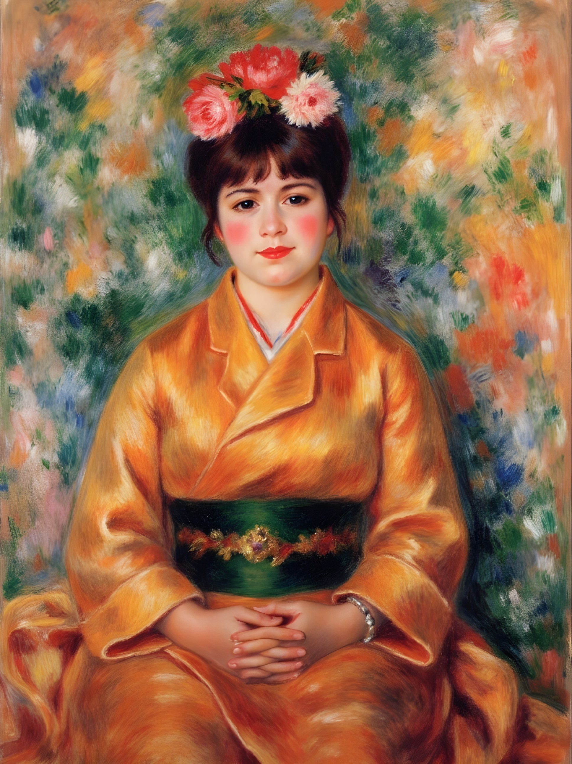 Portrait of a Woman in Orange Kimono with Floral Background