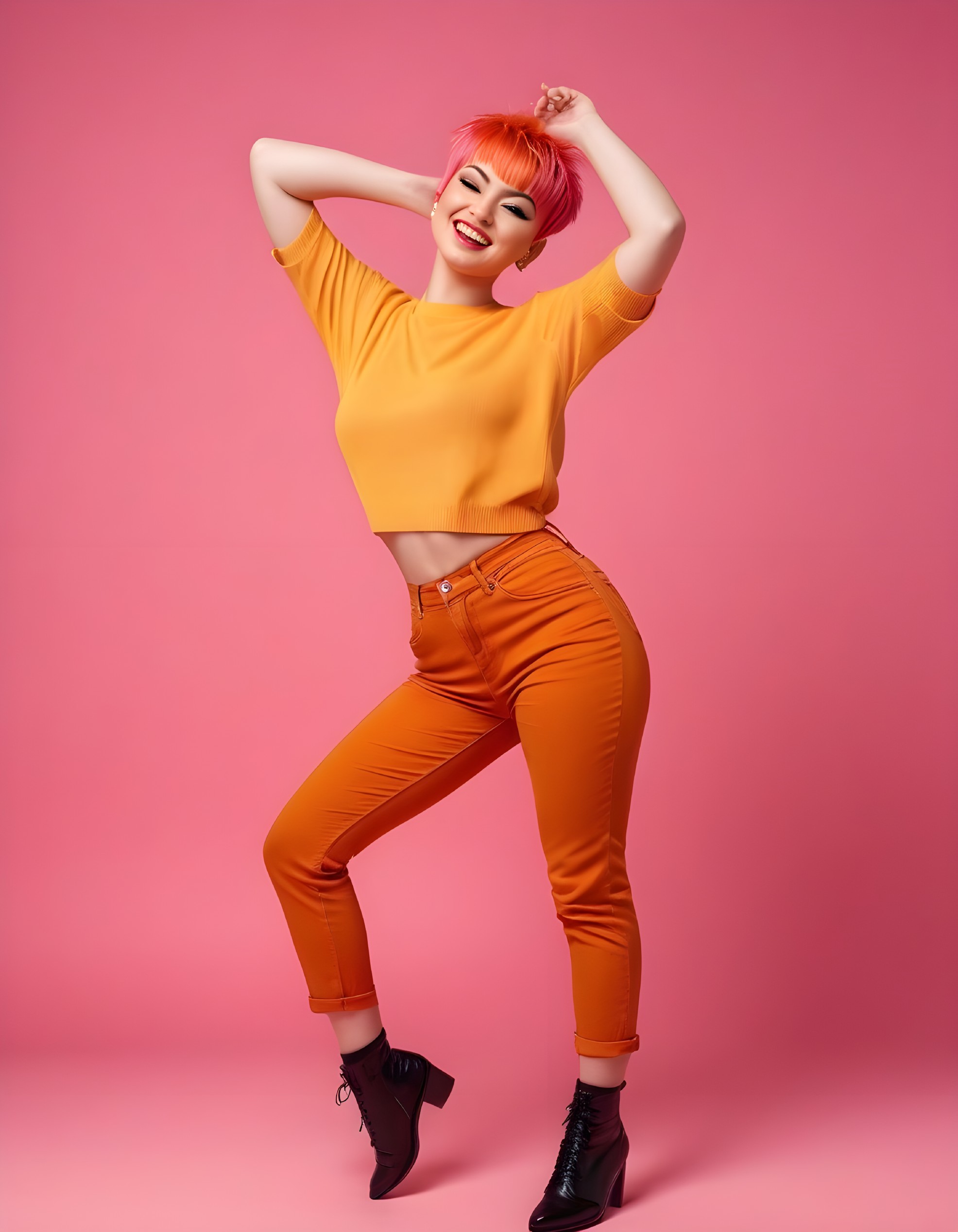 Vibrant Photoshoot with Bright Pink Hair and Orange Outfit