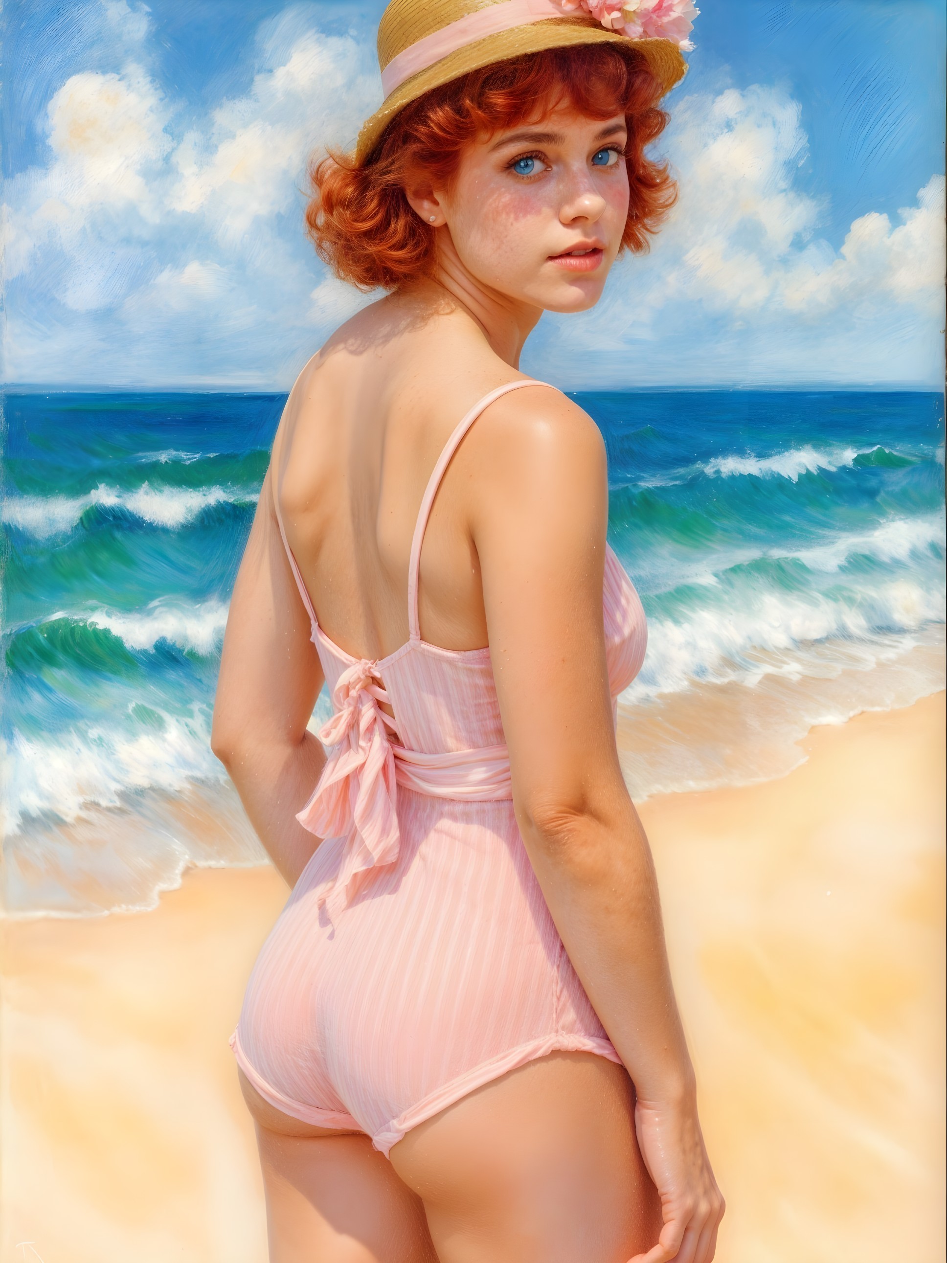 Young Woman in Vintage Swimsuit on Beach Scene