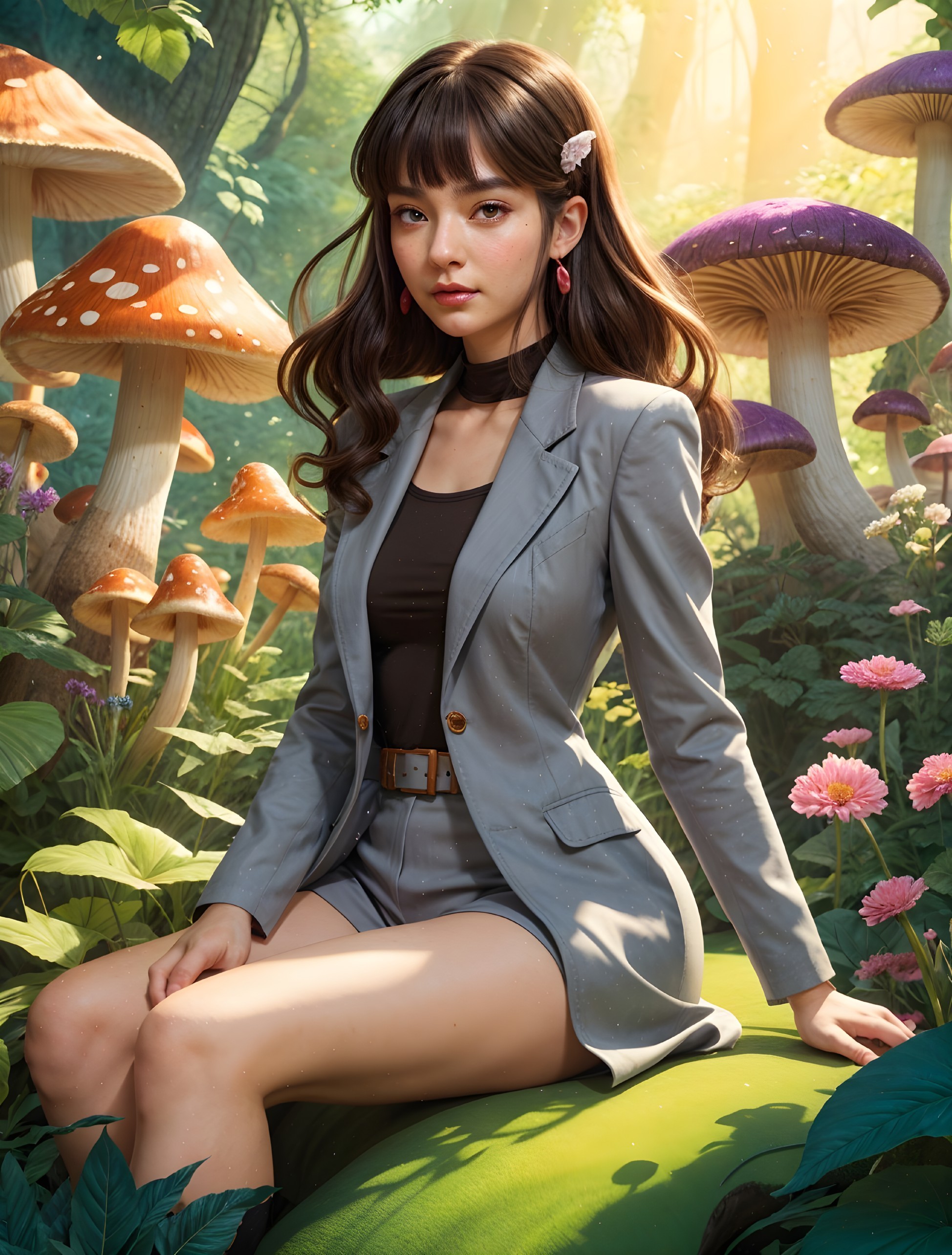 Young woman in gray suit on vibrant moss with mushrooms