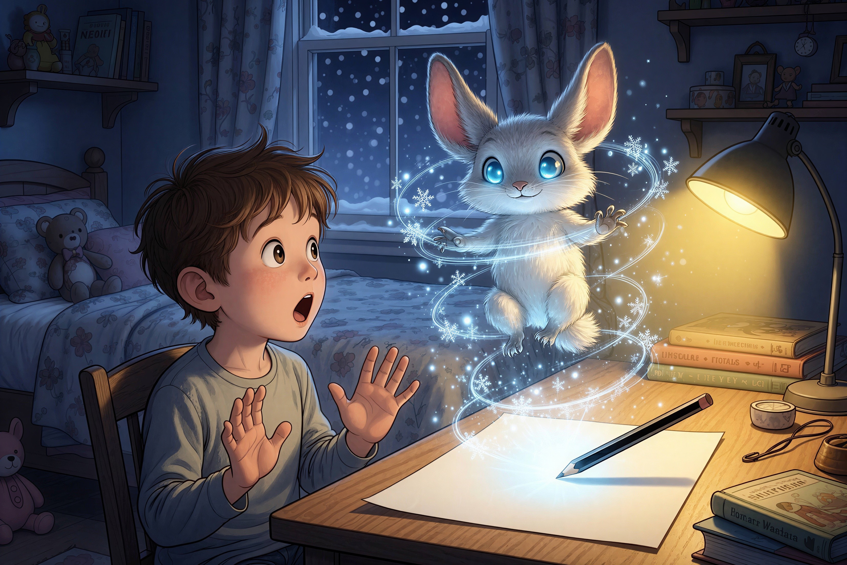 Surprised boy in bedroom with floating fluffy bunny
