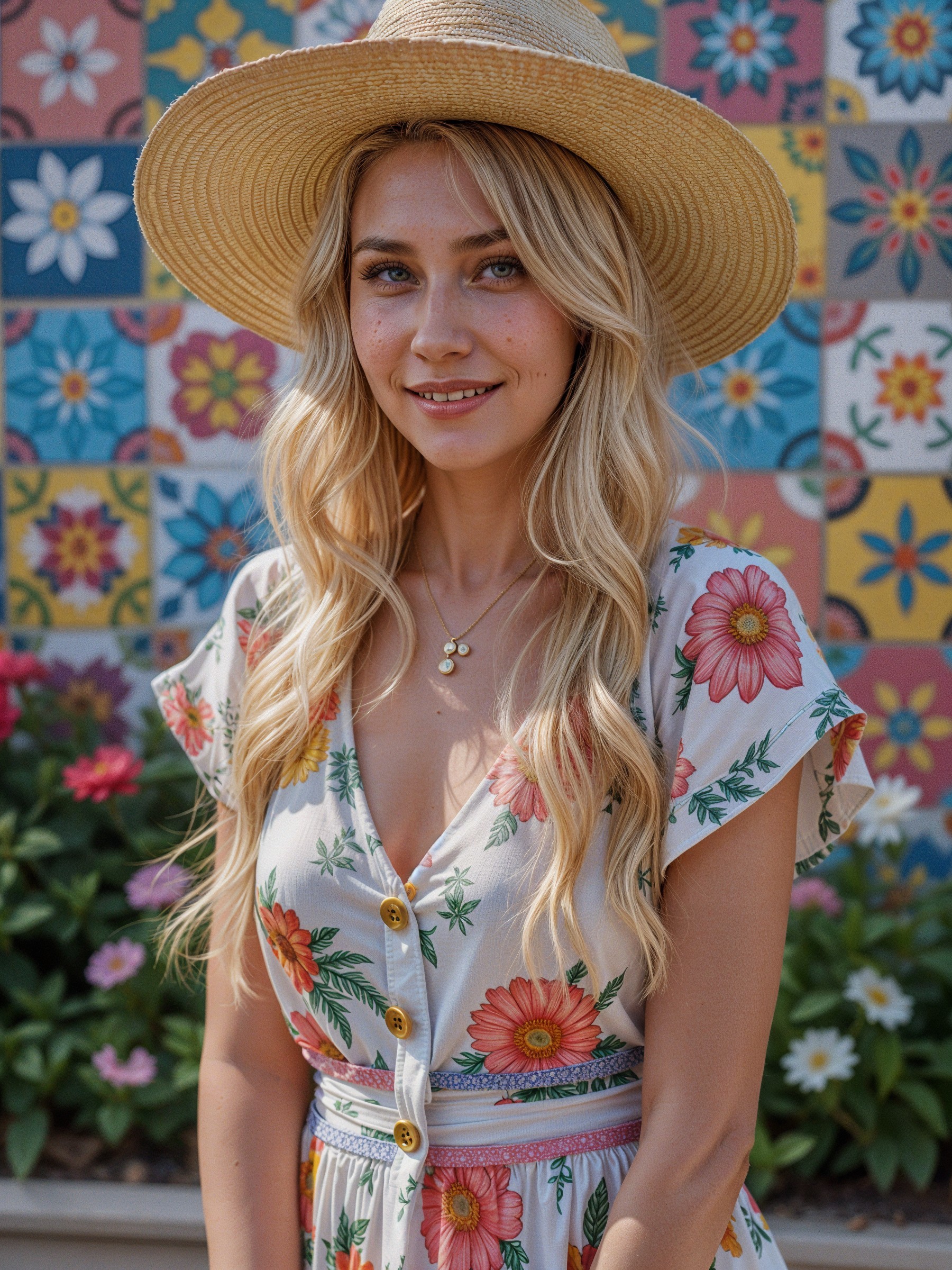 Young woman in floral dress by vibrant garden wall