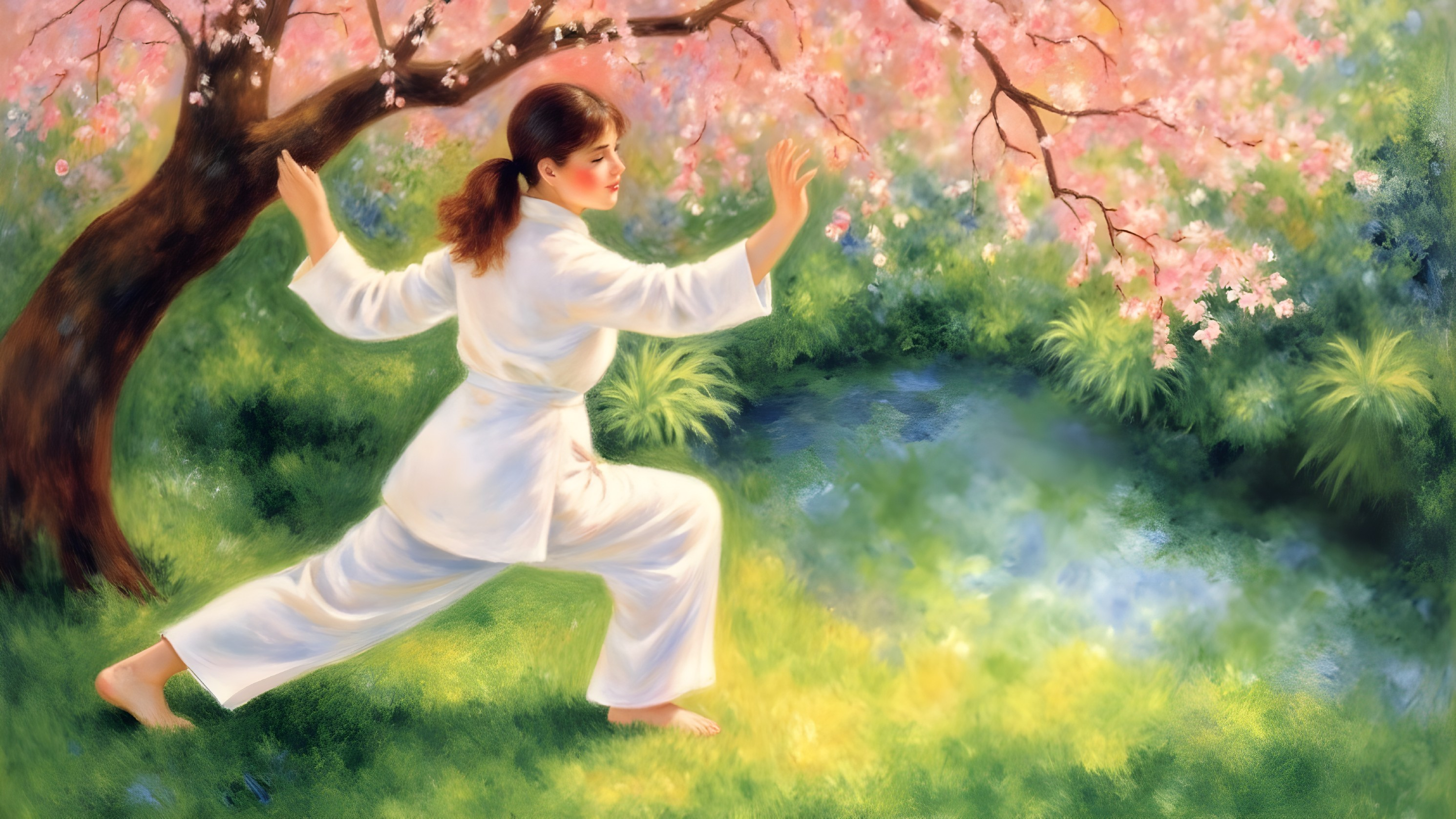 Woman in Karate Uniform Practicing in Serene Garden