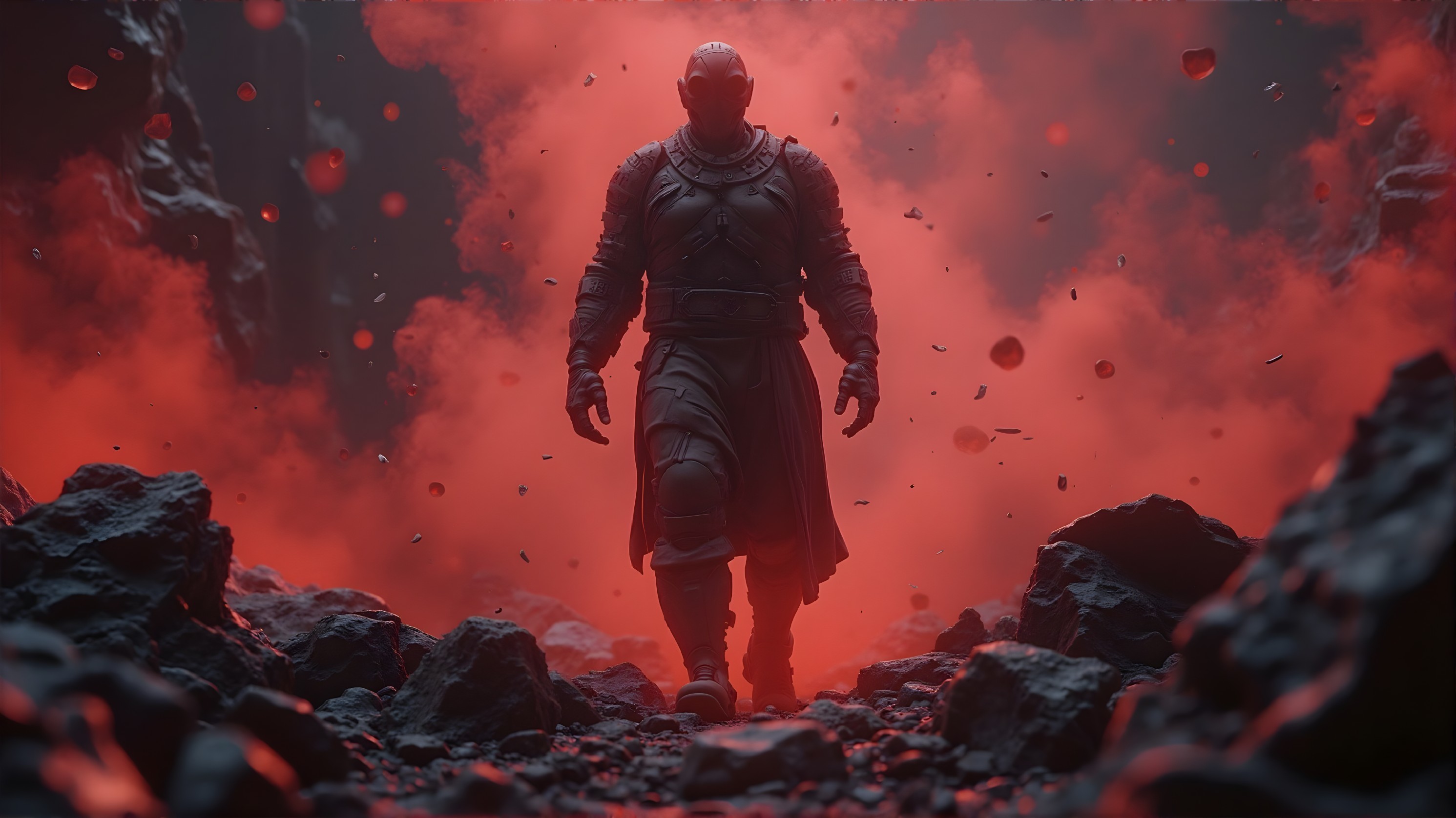 Towering Figure in Dark Armor in Ominous Landscape
