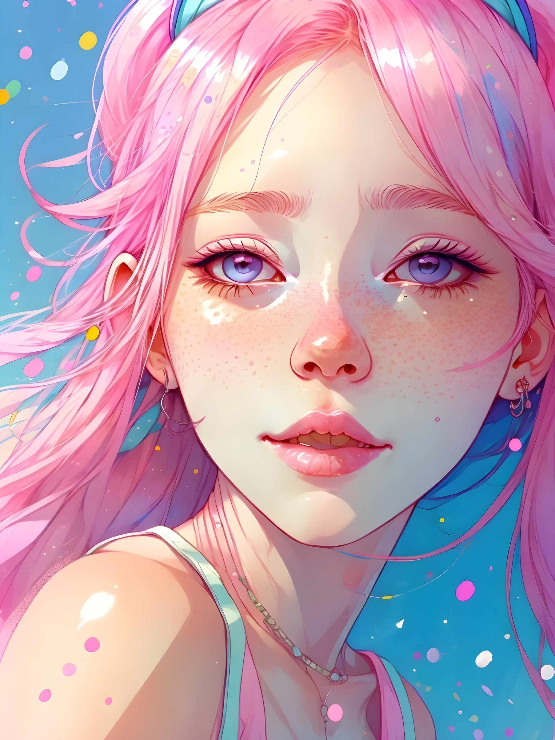 Young woman with pink hair and expressive eyes