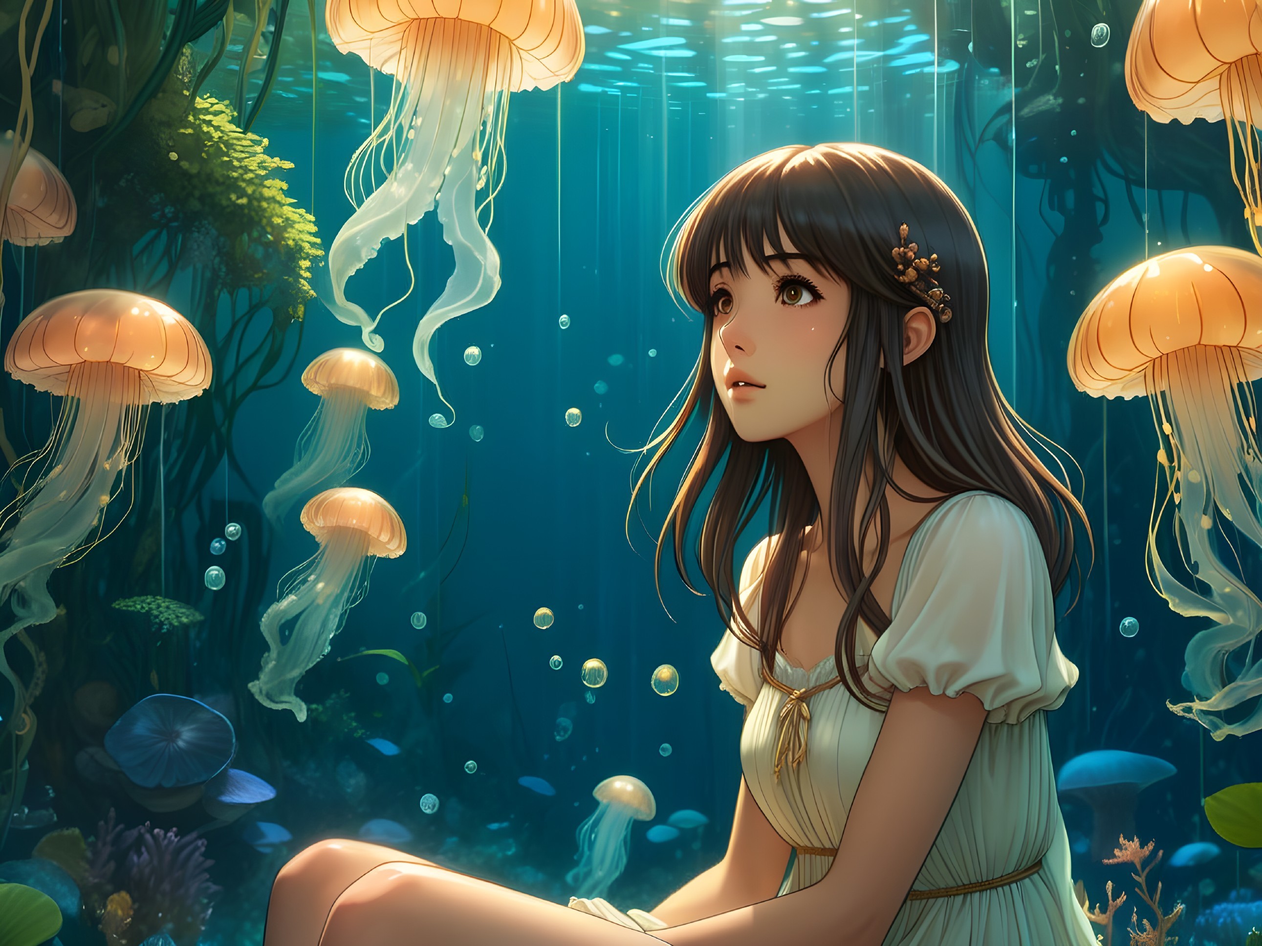 Underwater Scene with Girl and Glowing Jellyfish
