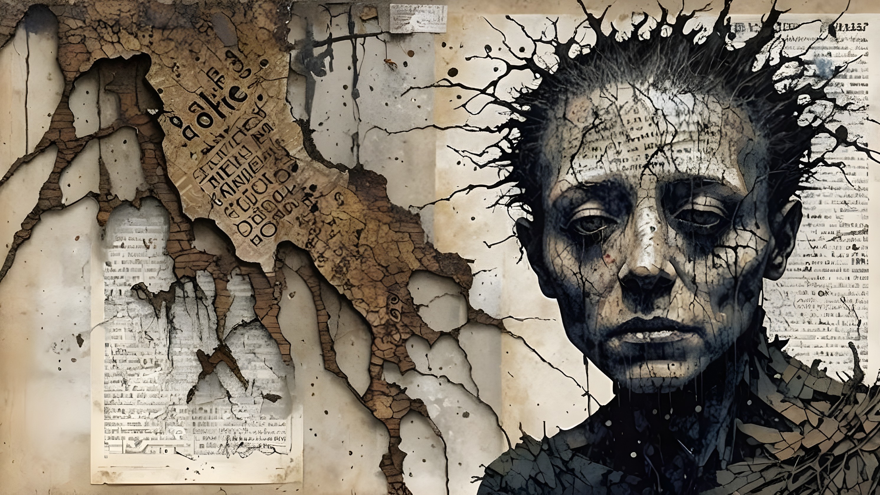 Abstract Portrait of Distressed Figure with Chaos