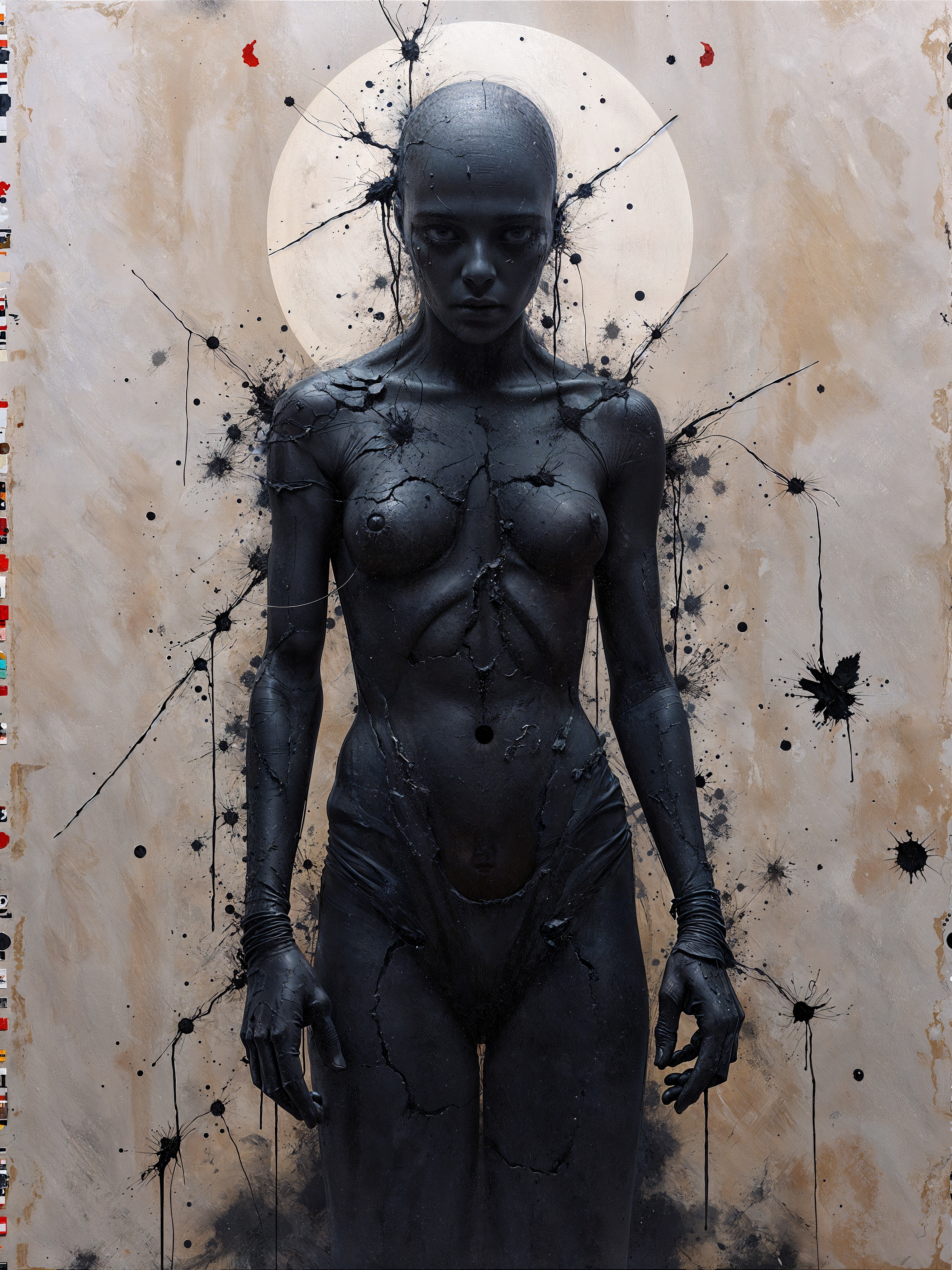 Humanoid Figure with Abstract Elements and Celestial Backdrop