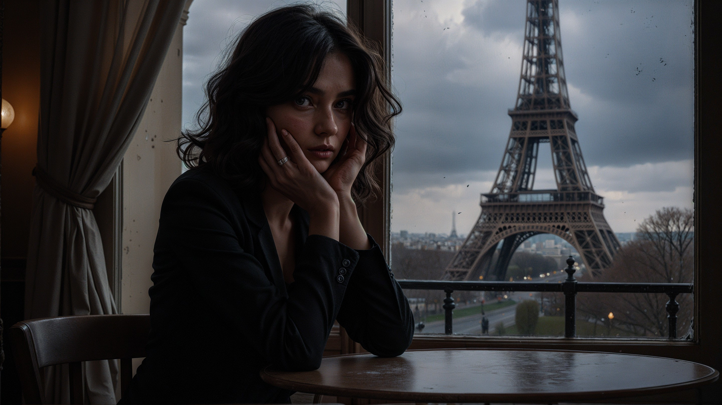 Young Woman Contemplating View of Eiffel Tower