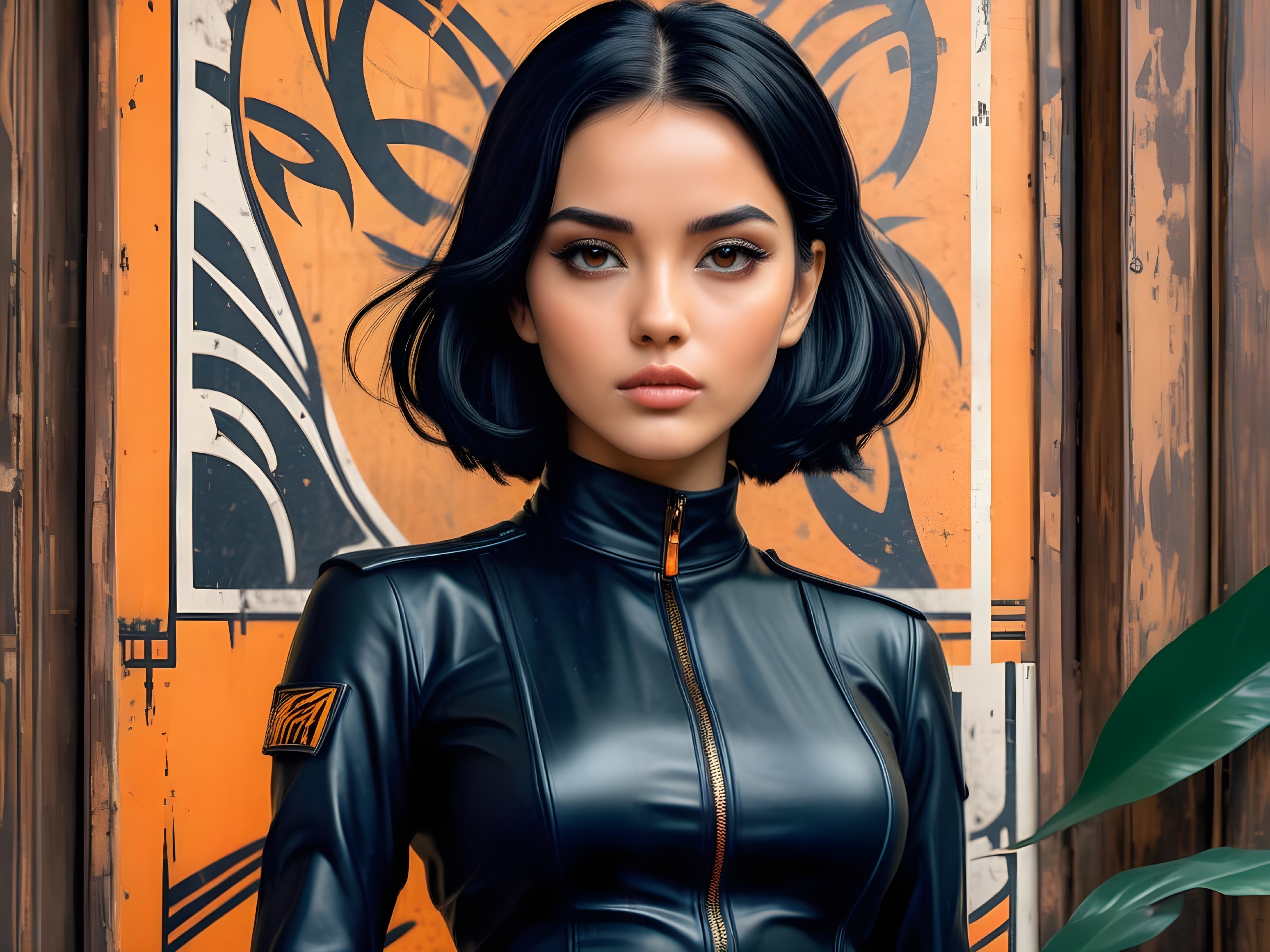 Young woman in sleek bob and black leather outfit