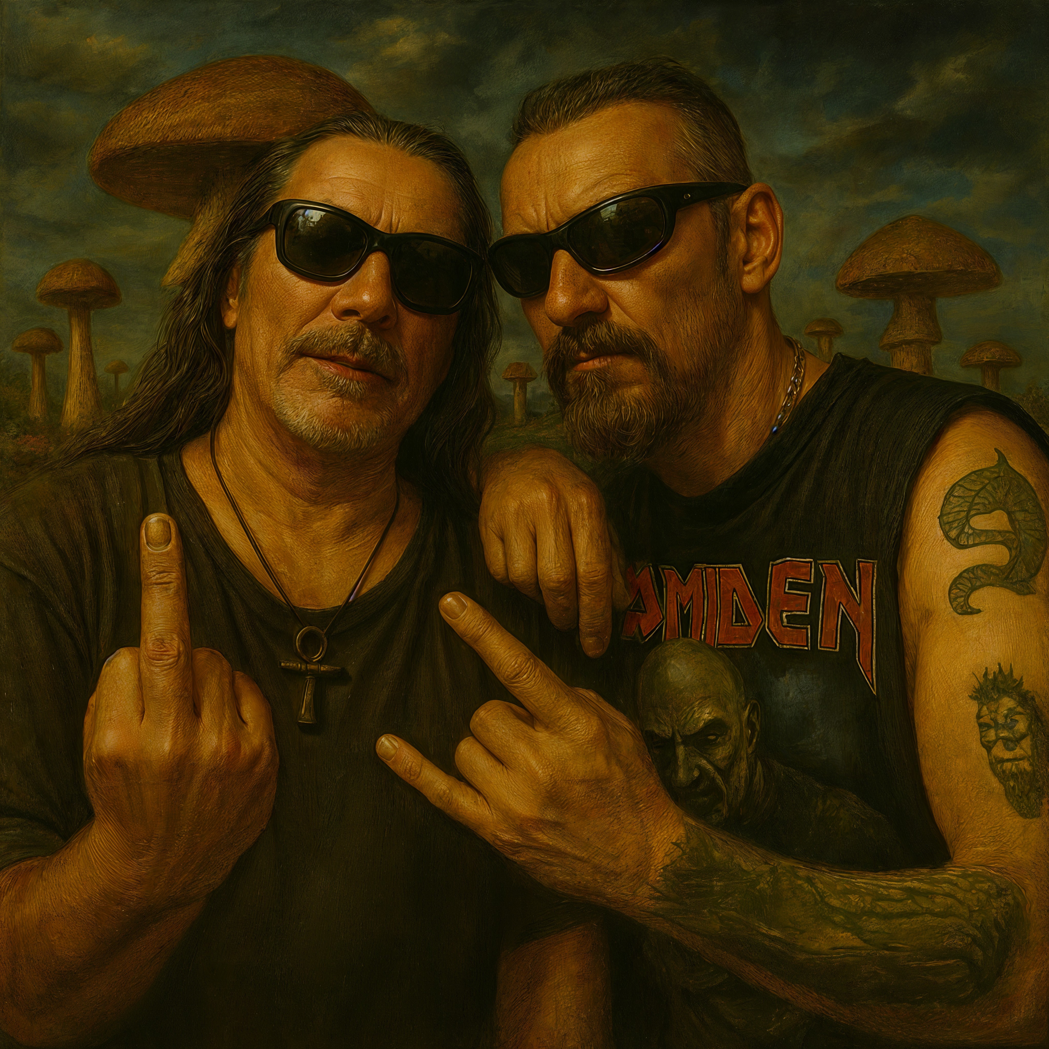 Muscular Men in Sunglasses with Surreal Backdrop