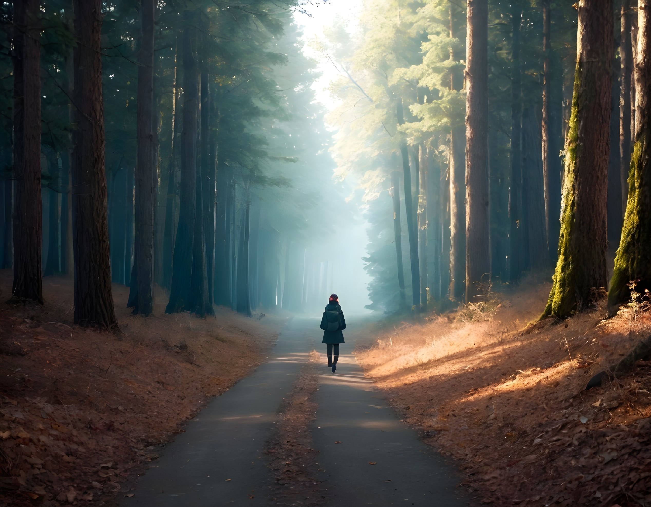 Lone Figure Walking on a Serene Forest Path