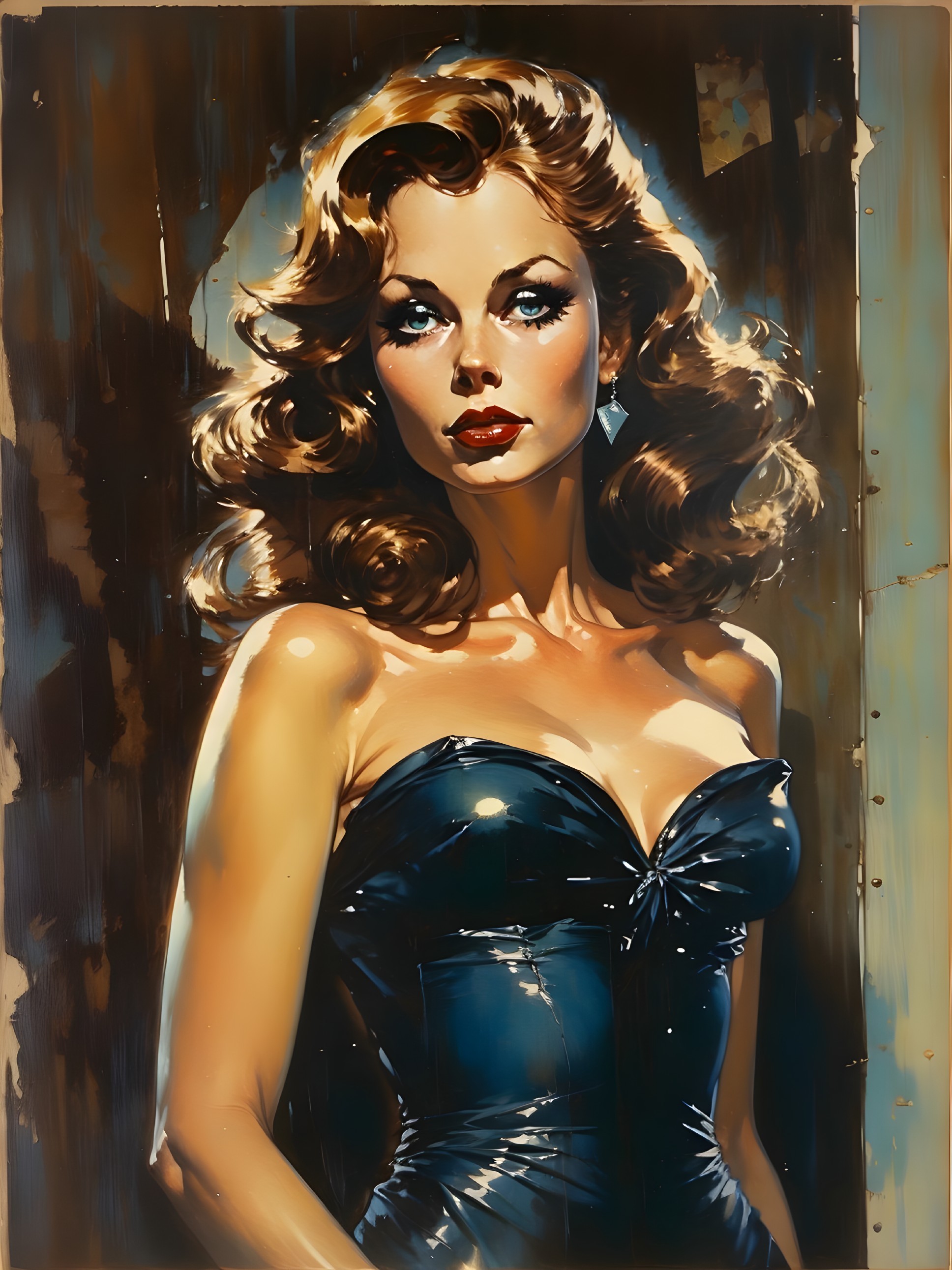 Glamorous Woman in Black Dress with Wavy Hair