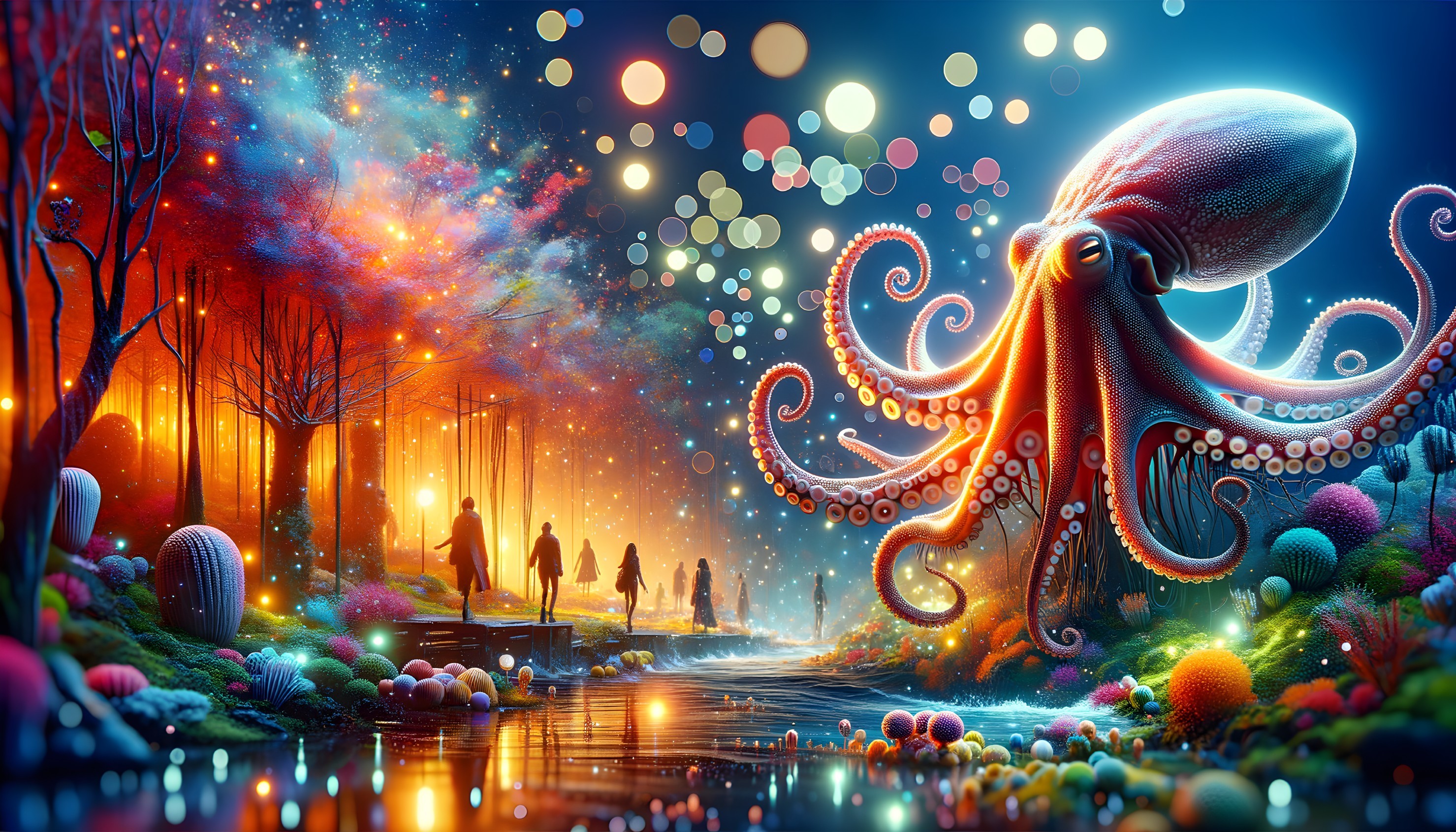 Vibrant Landscape with Octopus and Glowing Flora
