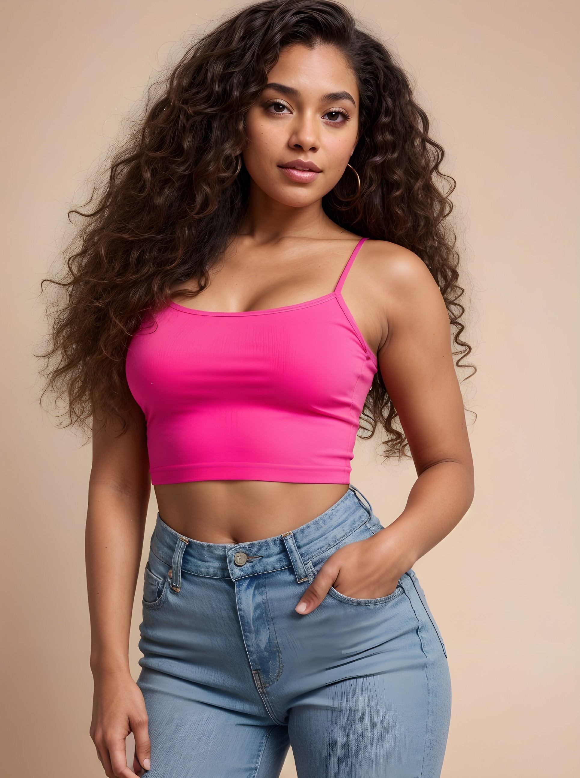 Confident model in pink top and blue high-waisted jeans