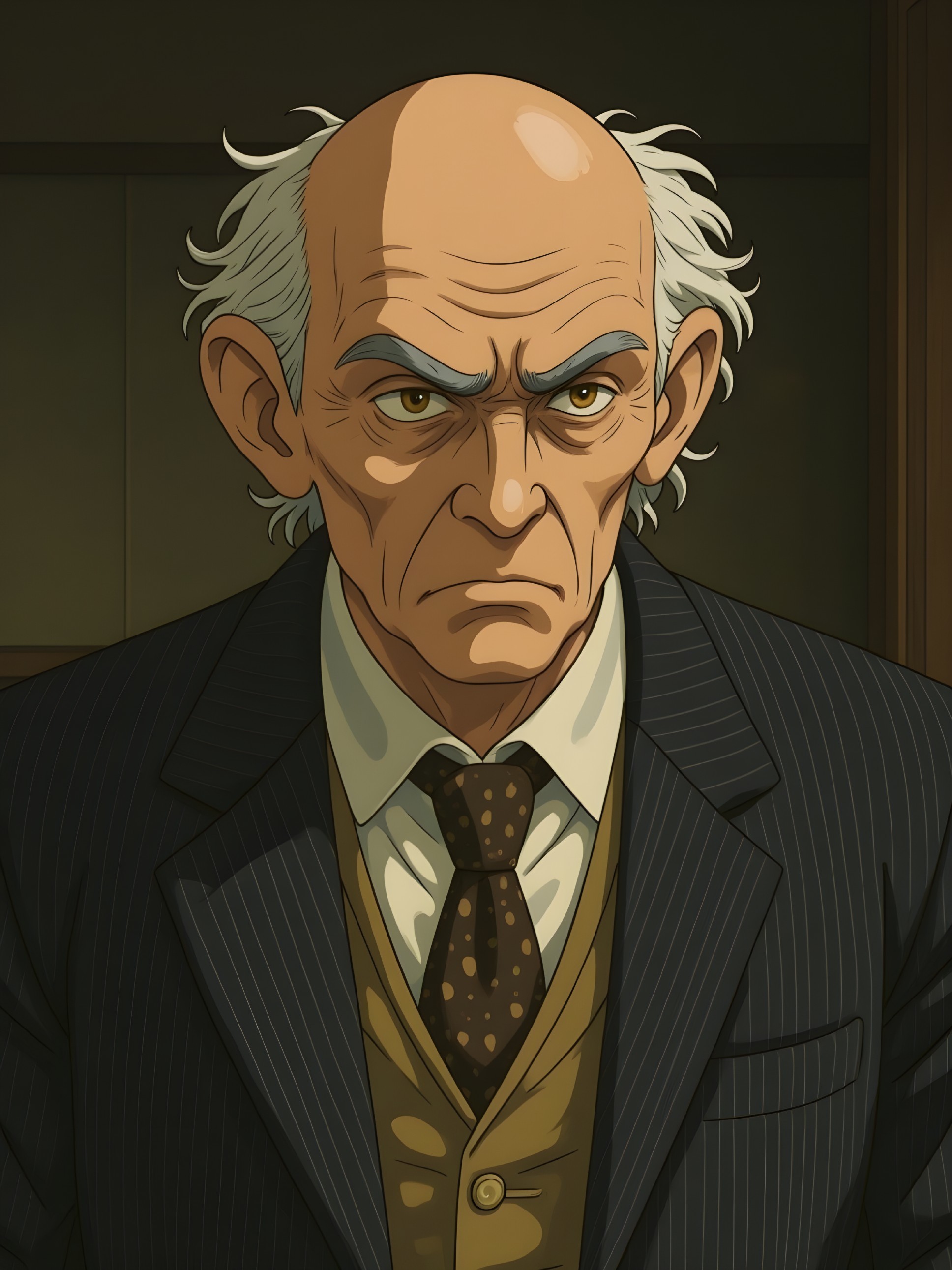 Elderly man in pinstripe suit with intense expression