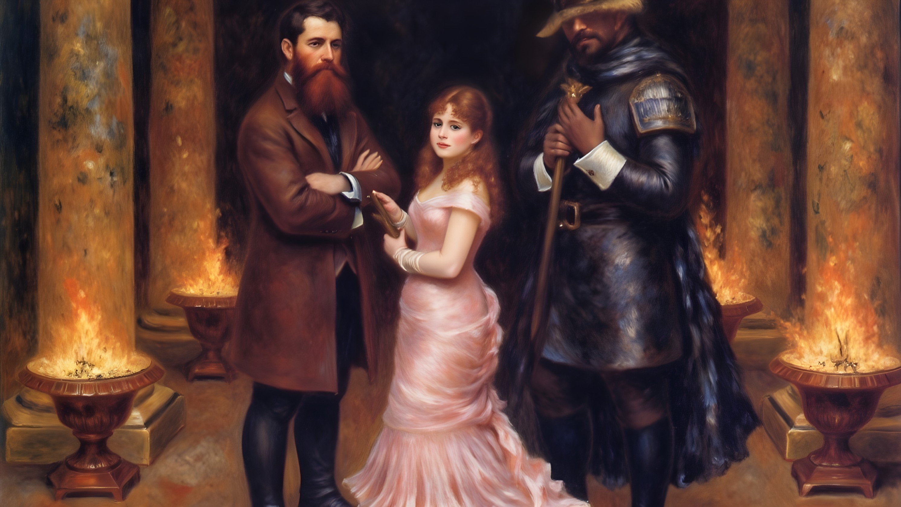 Victorian-era scene with three figures and flames