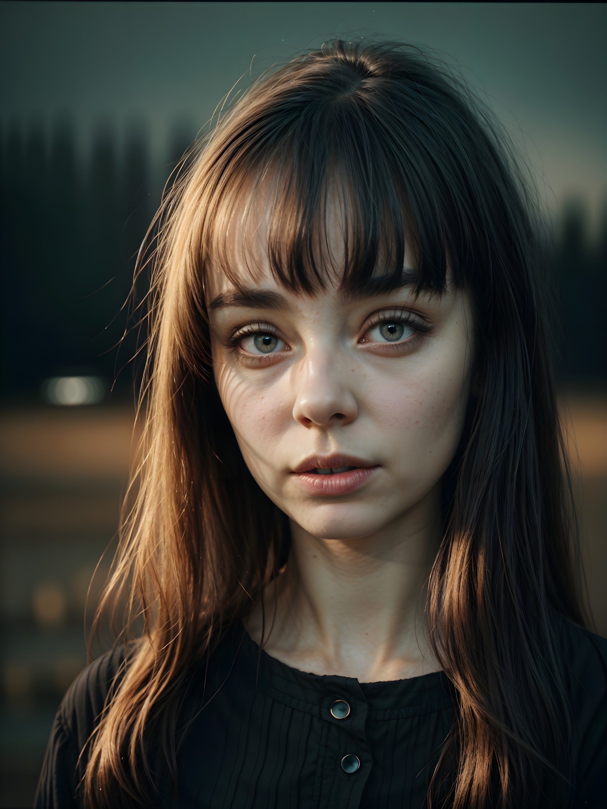 Young Woman with Long Brown Hair in Serene Setting