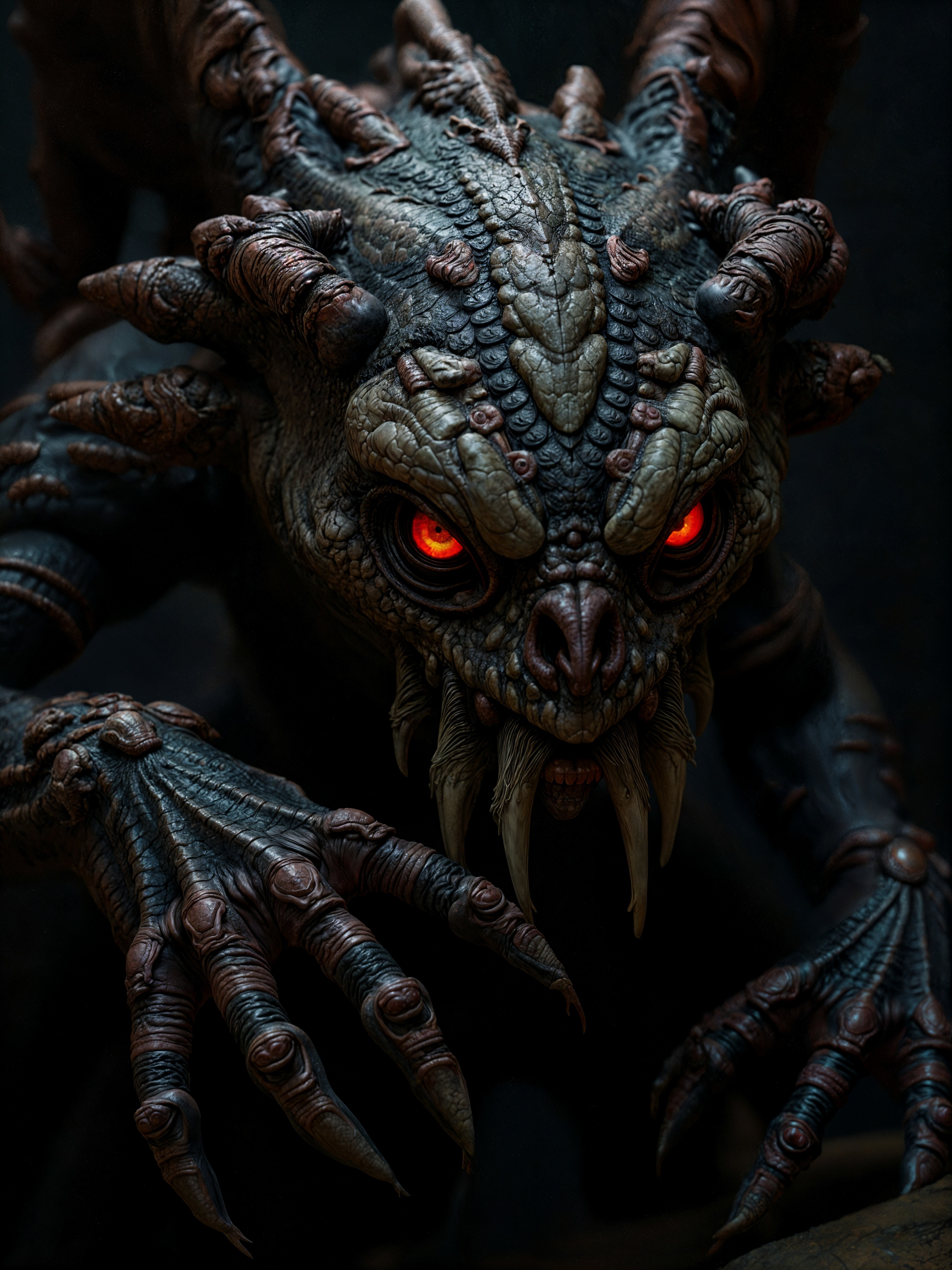 Menacing Creature with Scaly Body and Fiery Eyes