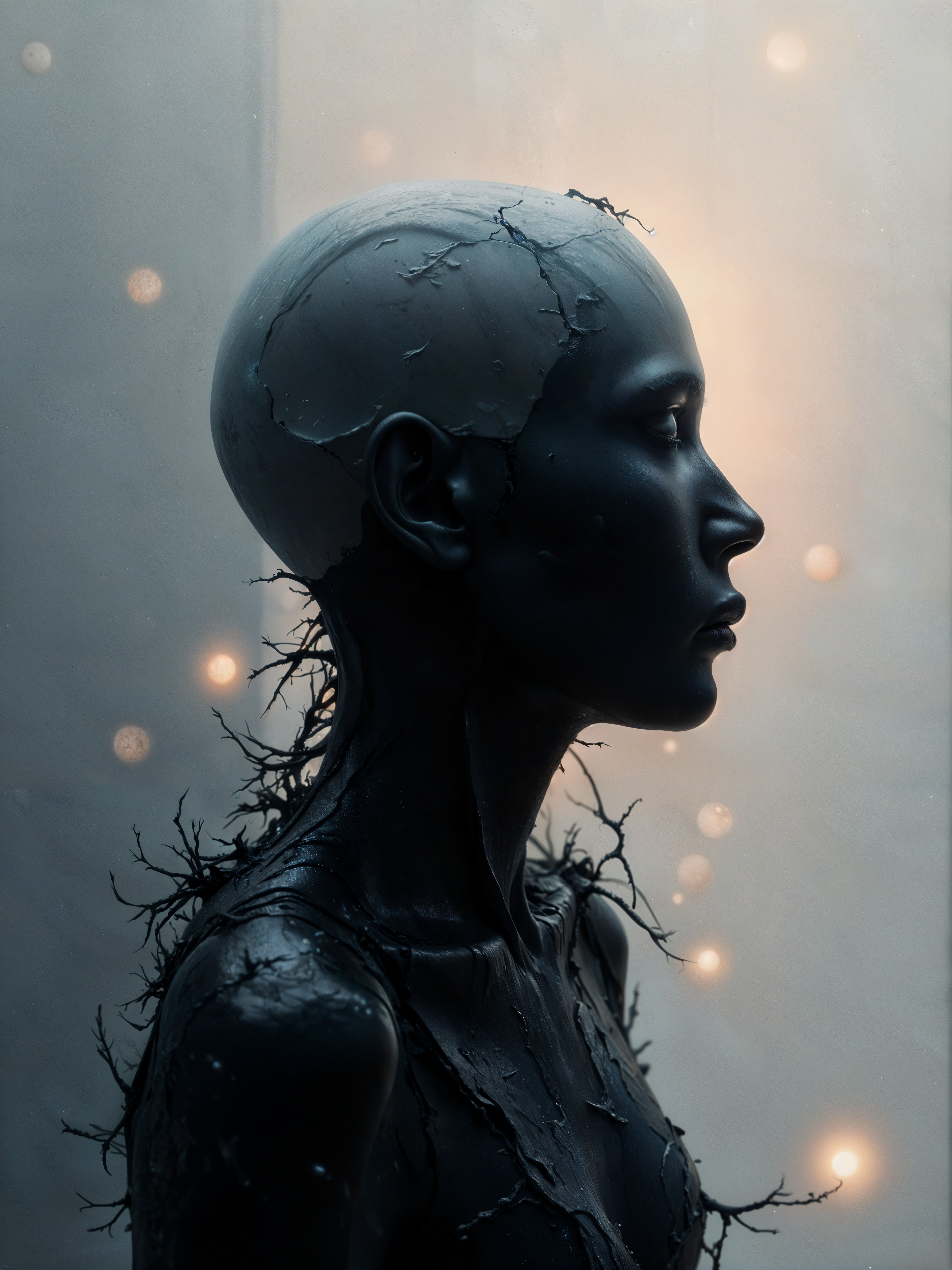 Futuristic figure with cracked porcelain skin and veins