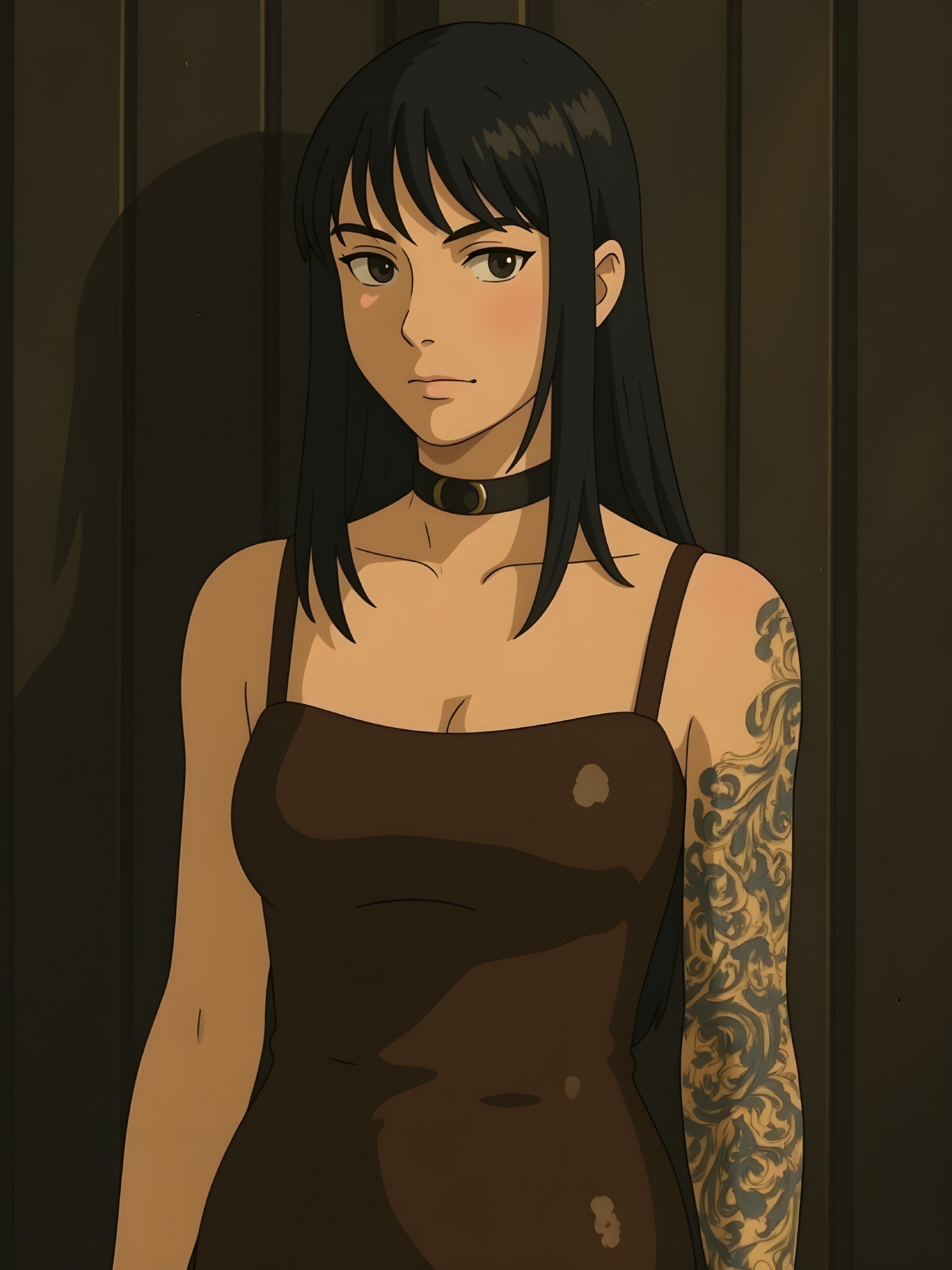Young woman in brown dress with tattoos and choker