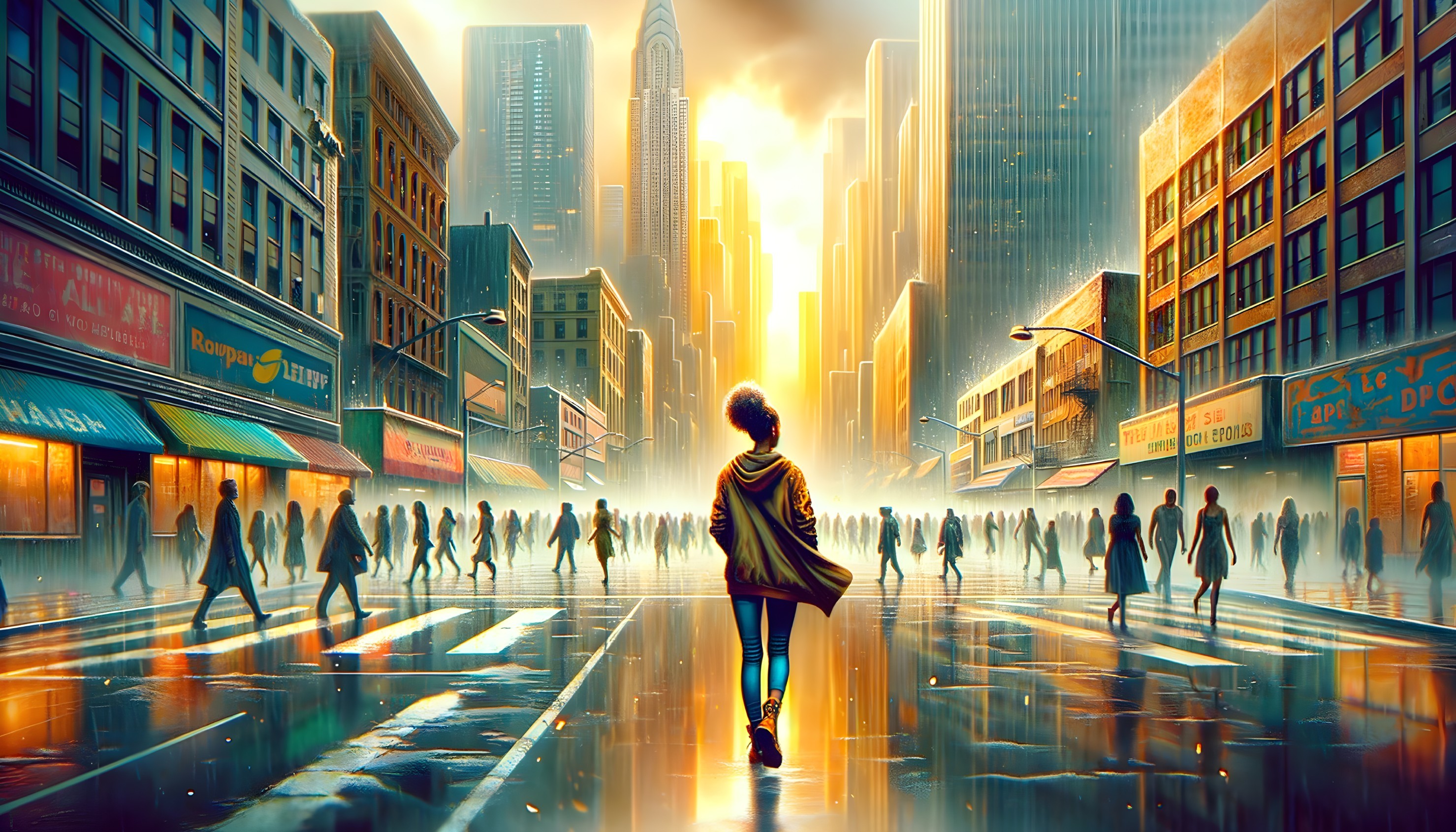 Urban Scene with Golden Light and Reflective Pavement