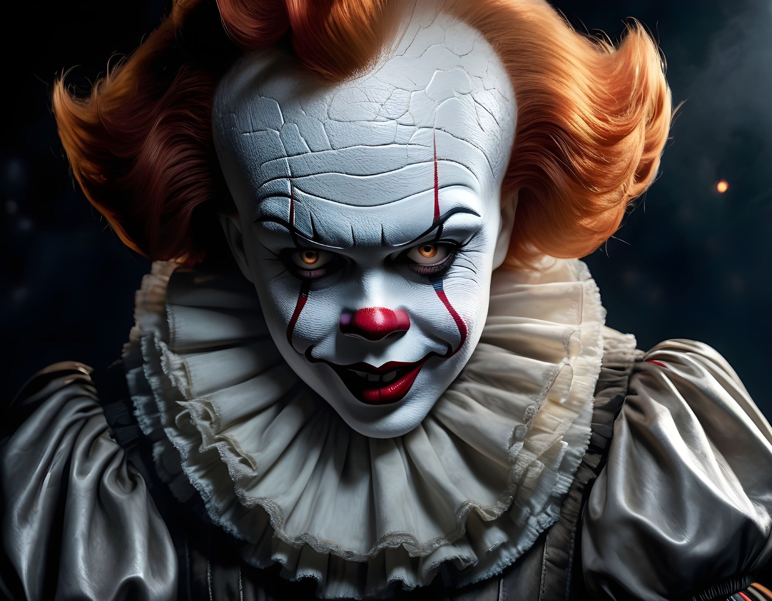 Menacing clown with orange hair and pale face