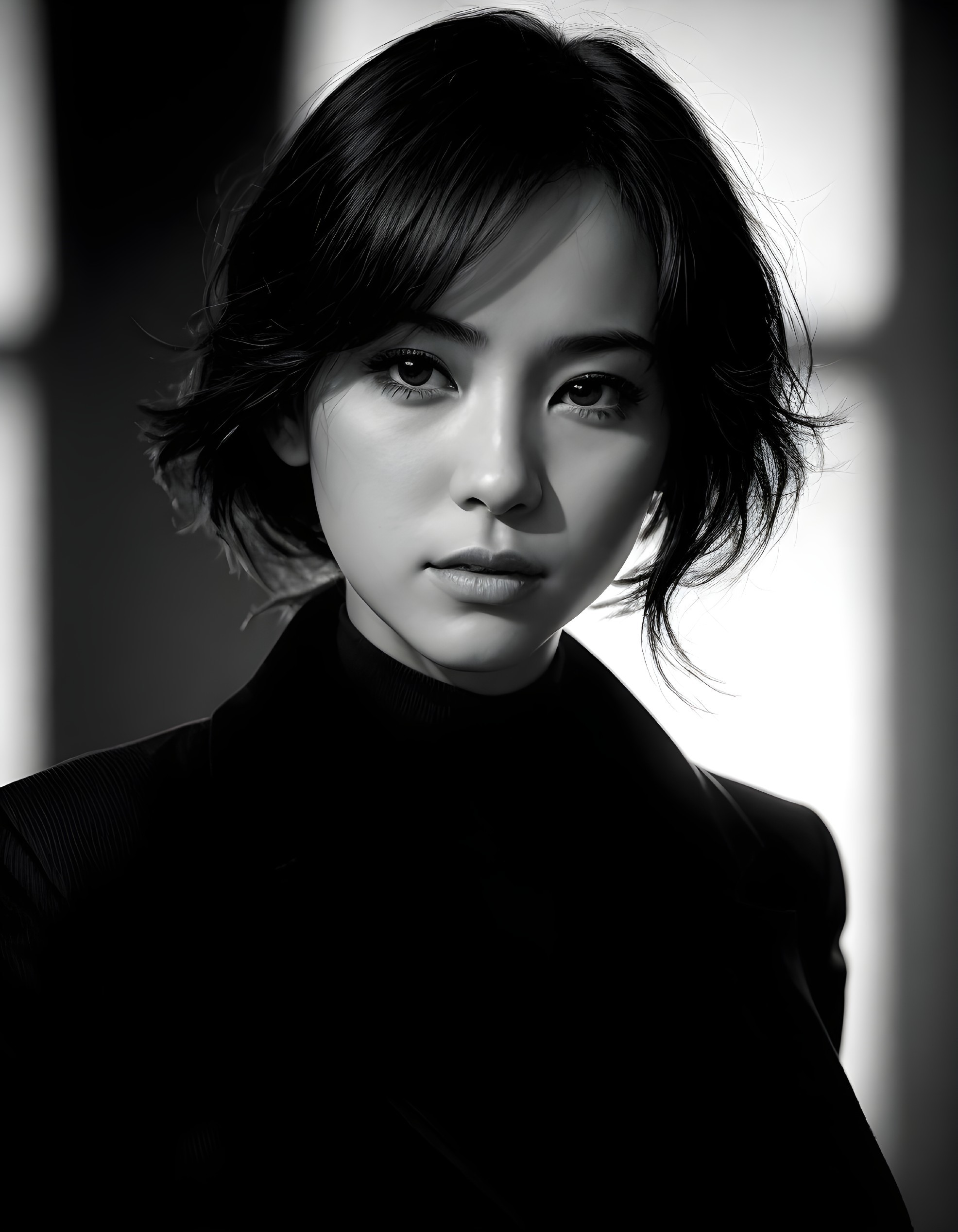 Monochrome Portrait of Woman in Turtleneck with Shadows