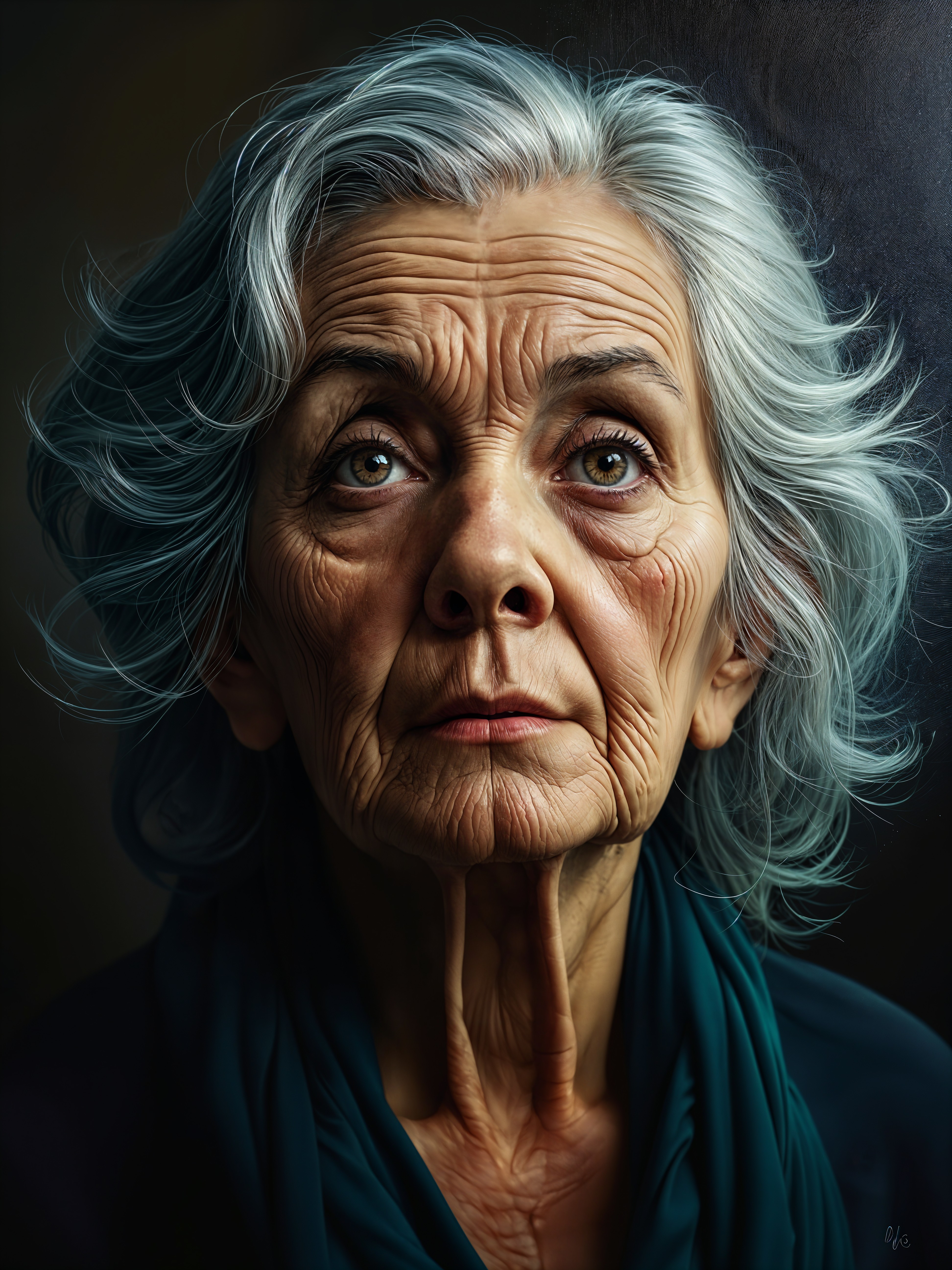 Elderly Woman with Gray Hair and Strong Expression