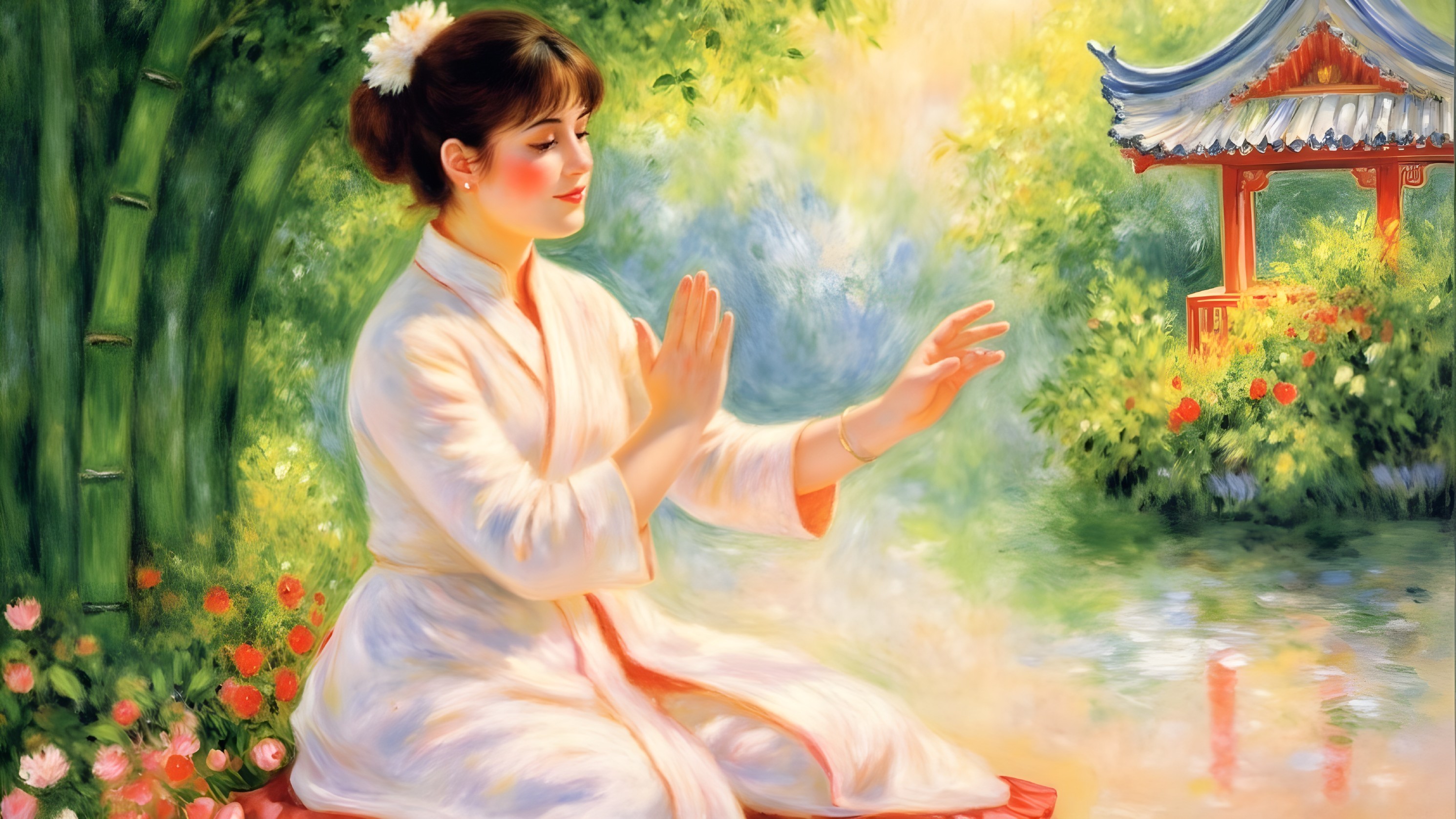 Young Woman Meditating by a Flower-Adorned Pond