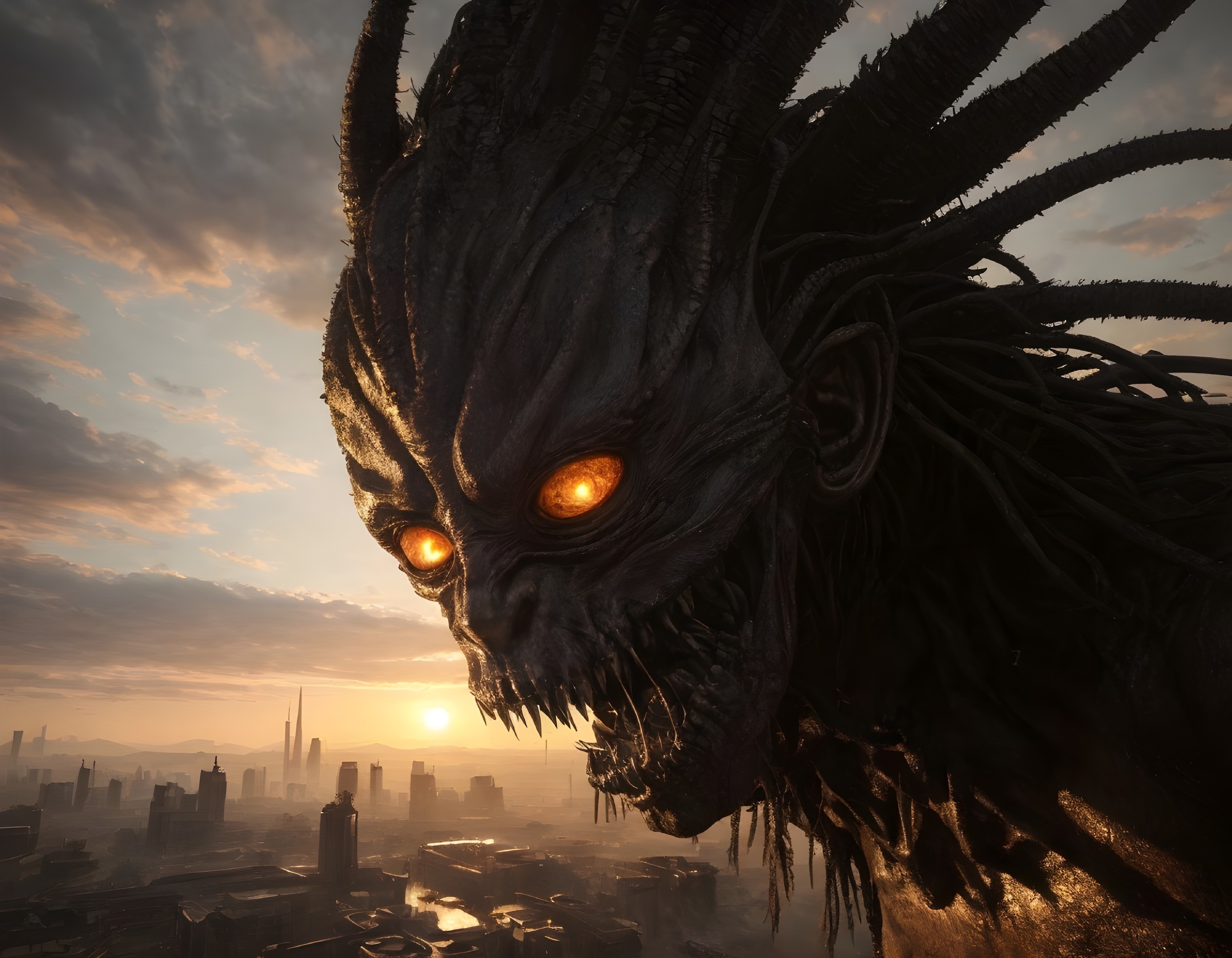 Colossal Monster Over Cityscape at Sunset