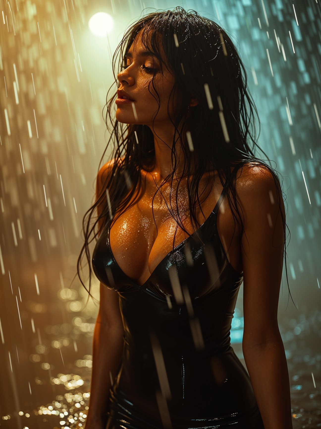 Woman in glossy outfit amidst rain and warm light