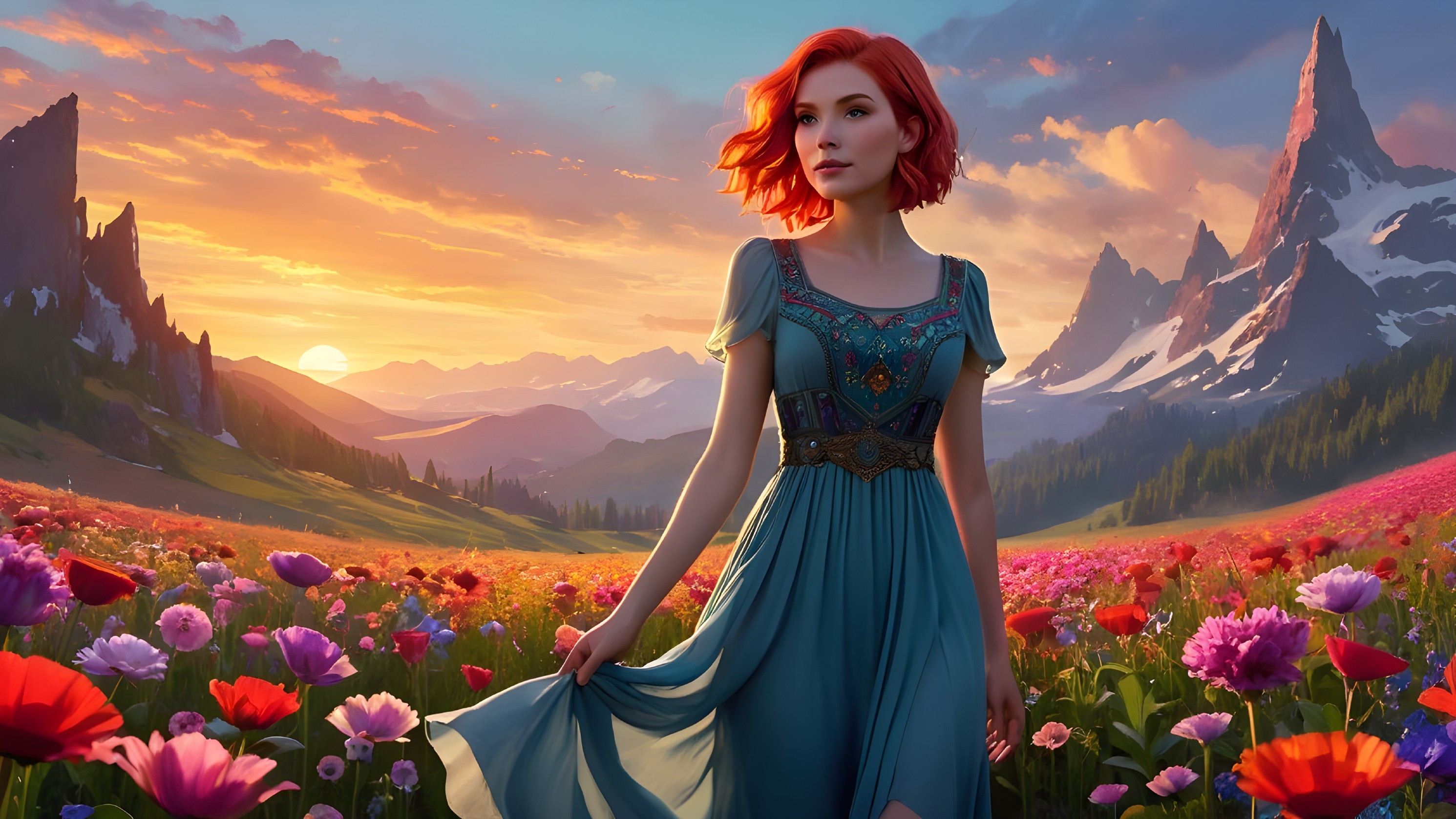 Woman in Blue Dress in Colorful Flower Field at Sunset